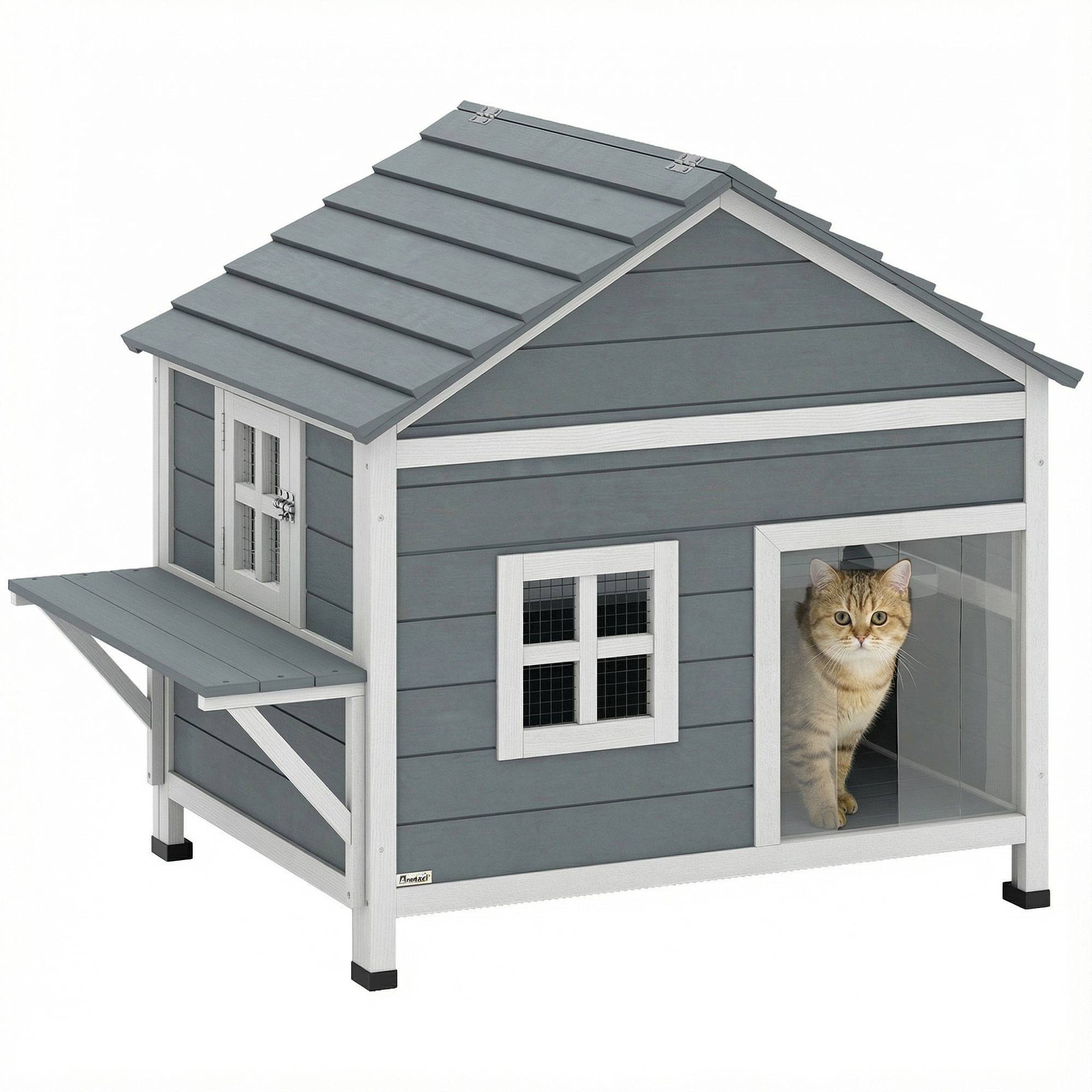 Sans Marque - Maison Bois 2 étages cachette toit ouvrant étanche plateforme latérale, 101x72,5x81cm, Gris - Image 1