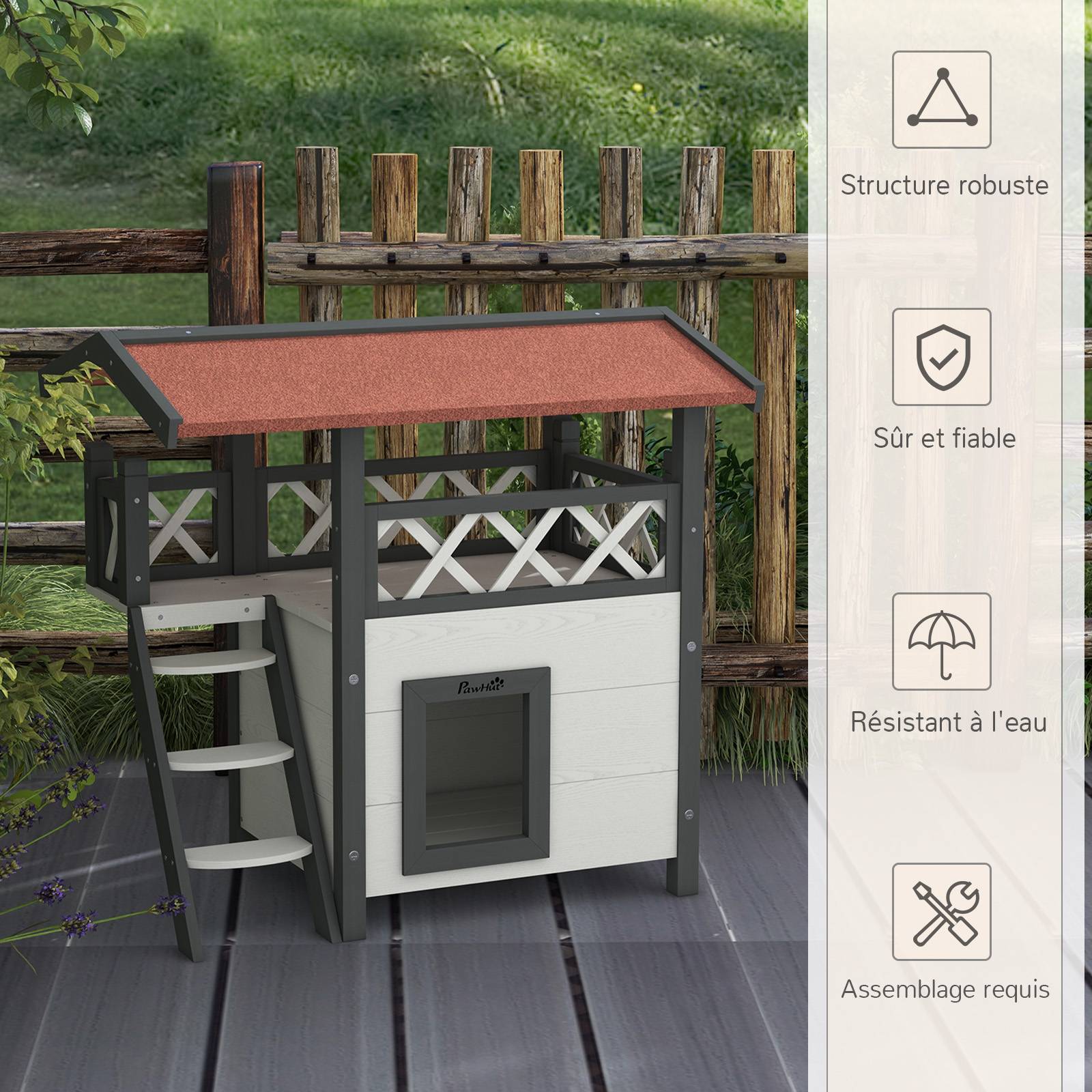 Maison lodge pour chats sauvage errants avec terrasse escalier 77 x 50 x 73 cm blanc et rouge - Image 8