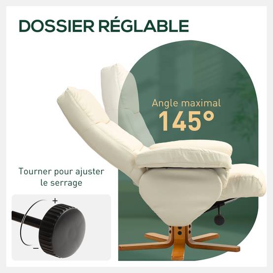 Sans Marque - Fauteuil relax avec repose-pied, fauteuil de relaxation, pivotant à 360°, dossier inclinable, 80 x 86 x 99 cm, crème - Image 6