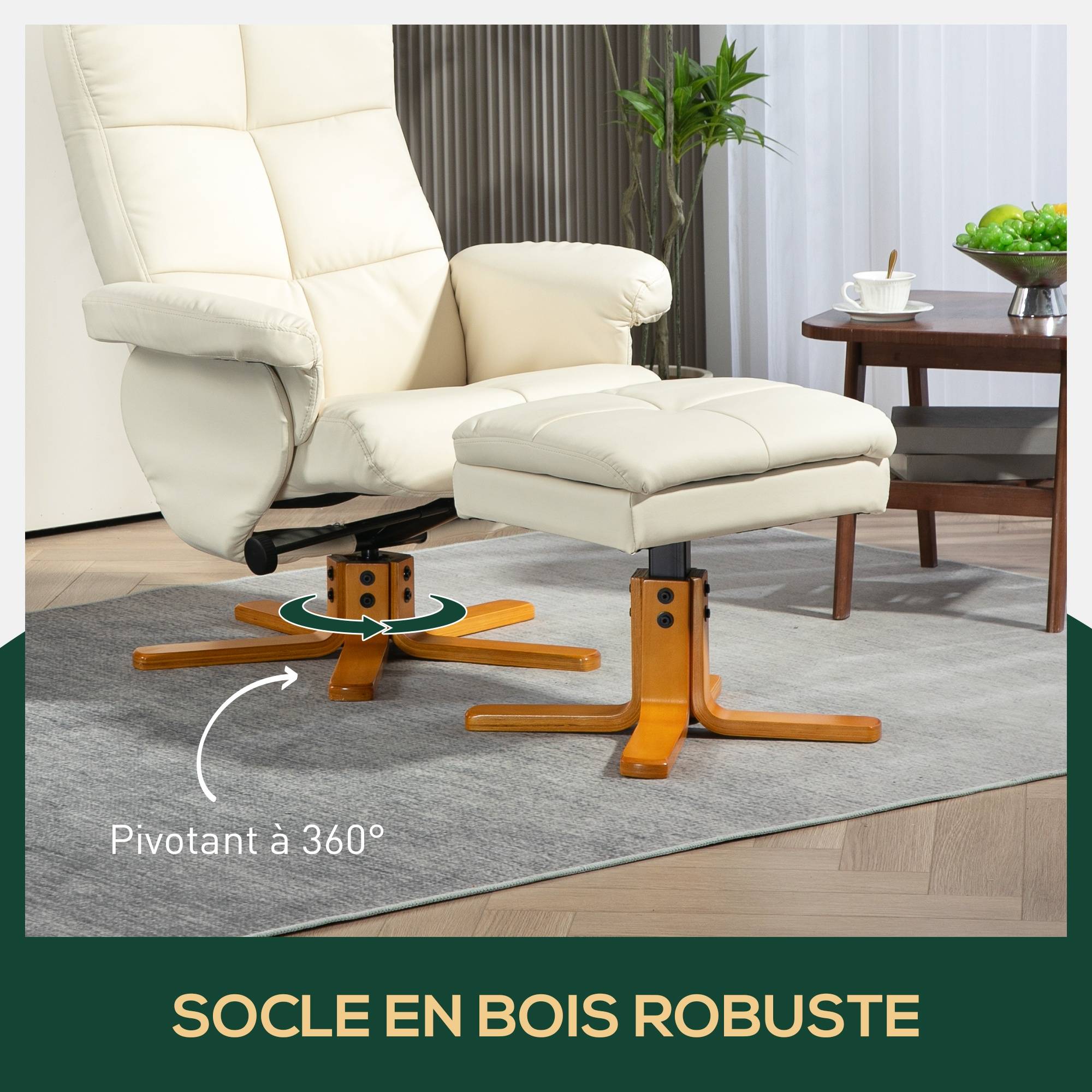 Sans Marque - Fauteuil relax avec repose-pied, fauteuil de relaxation, pivotant à 360°, dossier inclinable, 80 x 86 x 99 cm, crème - Image 9
