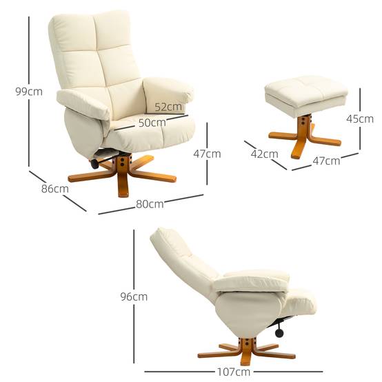 Sans Marque - Fauteuil relax avec repose-pied, fauteuil de relaxation, pivotant à 360°, dossier inclinable, 80 x 86 x 99 cm, crème - Image 5