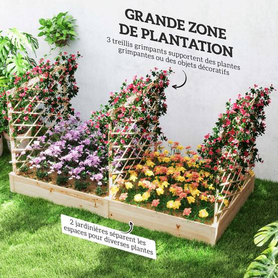 Sans Marque - Jardinière avec 3 treillis modulable, bac à fleurs en bois pour balcon terrasse patio, 222x114x109 cm effet bois naturel - Image 6