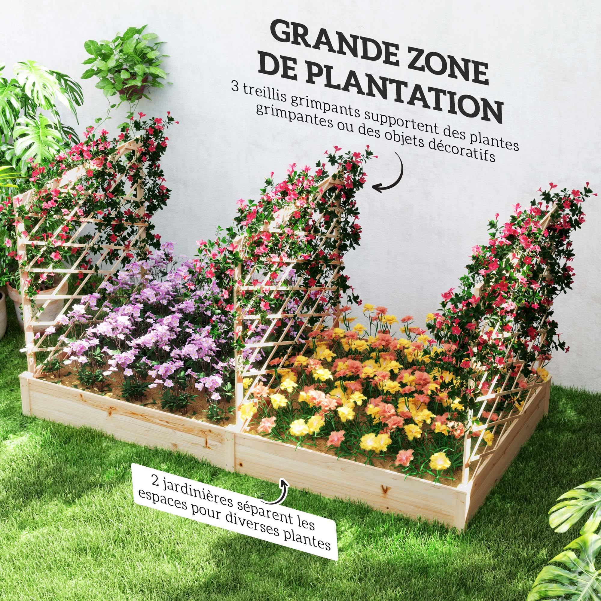 Sans Marque - Jardinière avec 3 treillis modulable, bac à fleurs en bois pour balcon terrasse patio, 222x114x109 cm effet bois naturel - Image 6