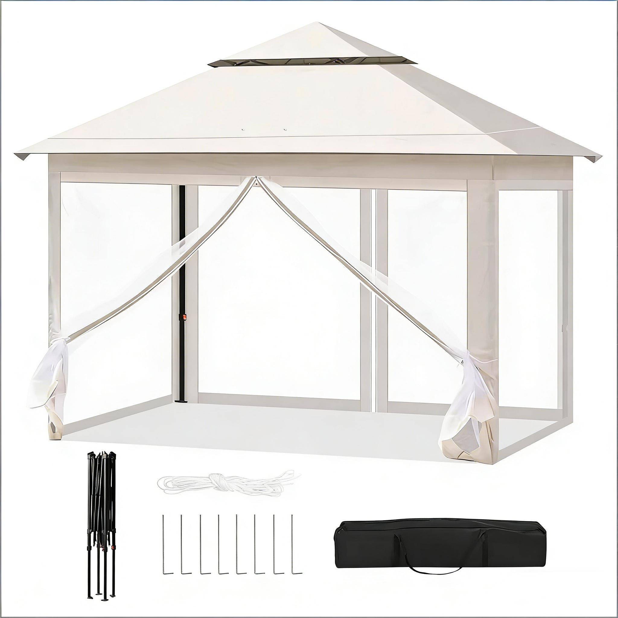 Tonnelle pliante acier Oxford terrasse et camping avec moustiquaire 3x3m beige - ComfortXL Outdoor Living - Image 8
