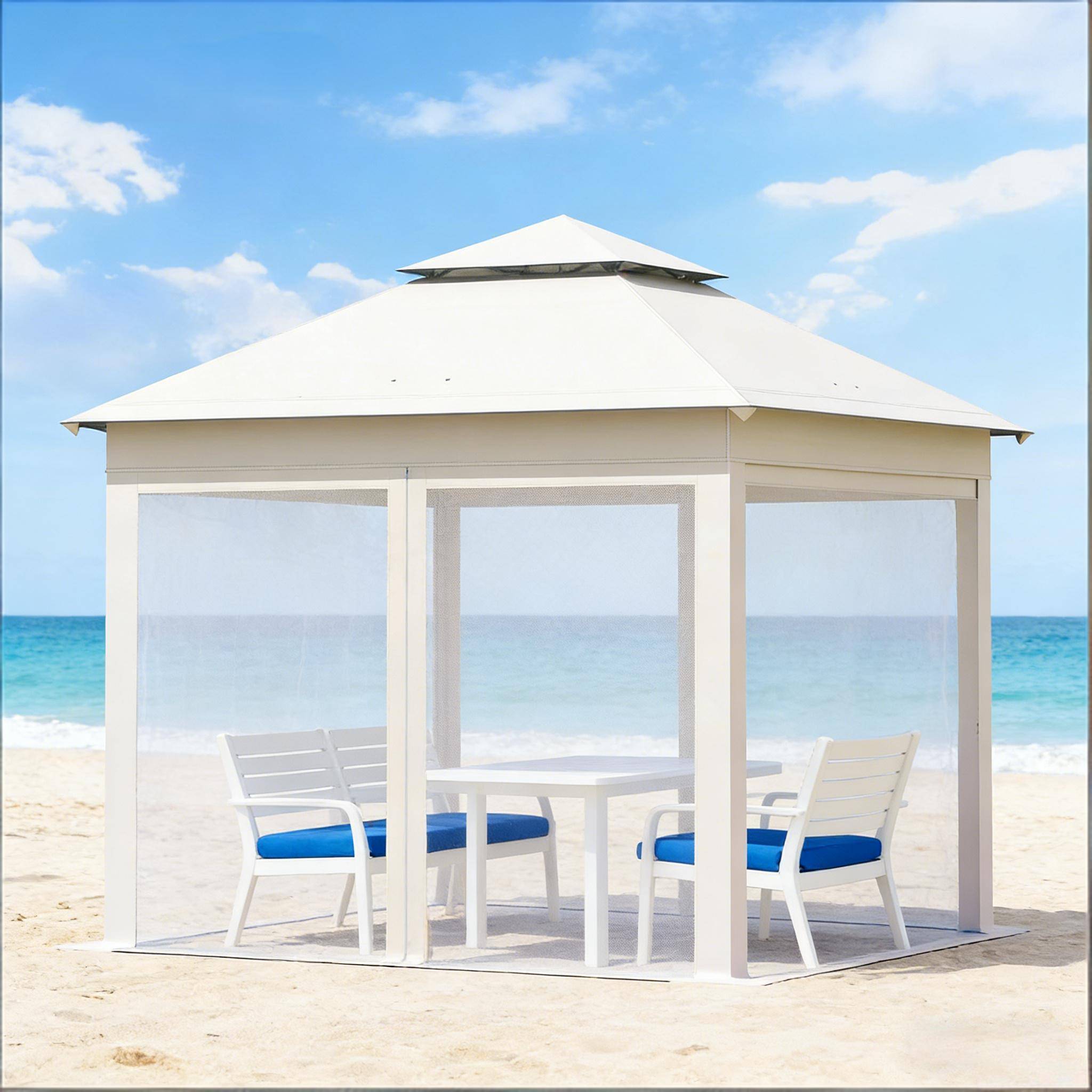 Tonnelle pliante acier Oxford terrasse et camping avec moustiquaire 3x3m beige - ComfortXL Outdoor Living - Image 6