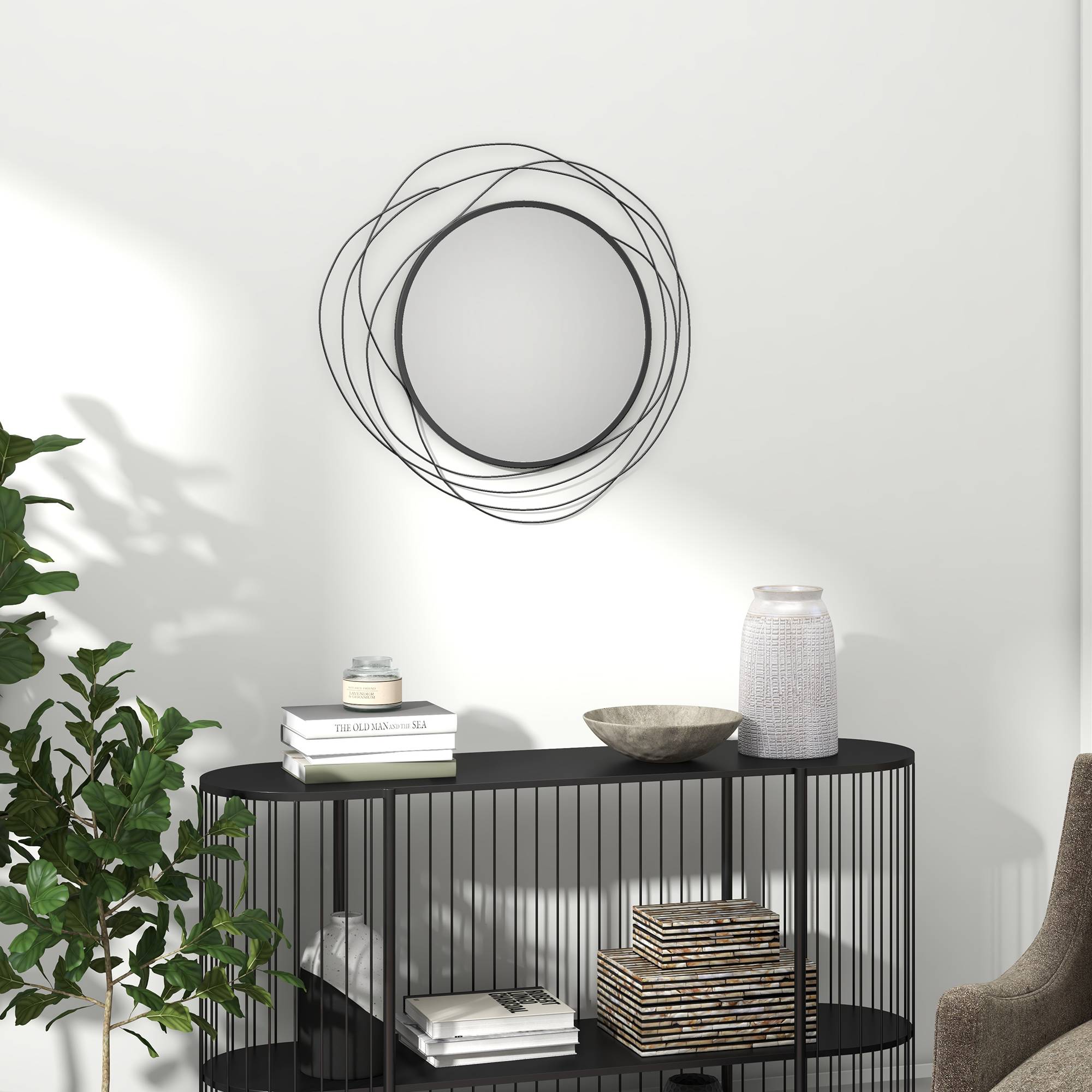 Sans Marque - Miroir rond métal filaire noir décoration style moderne Ø65 cm - Image 4