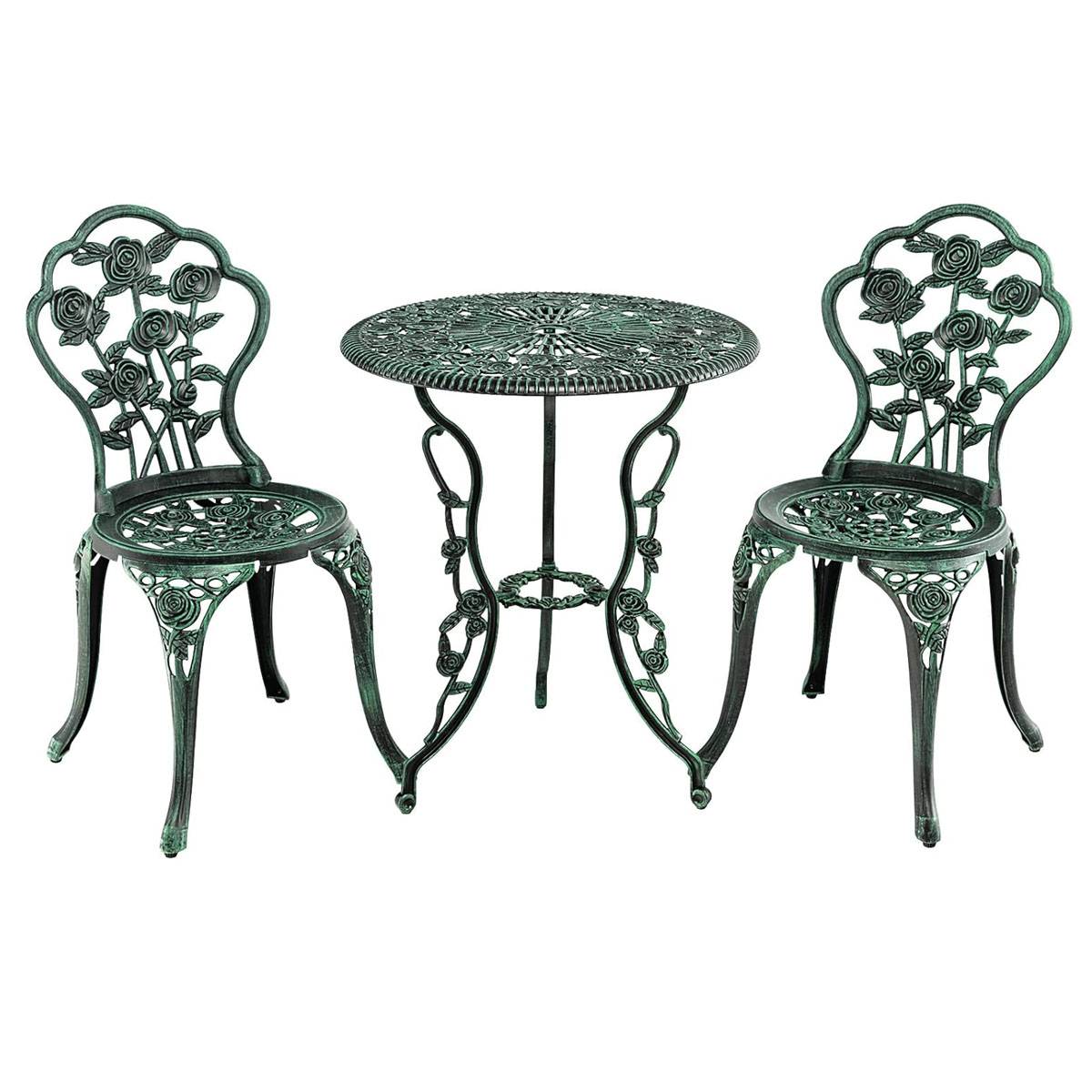 Salon de Jardin 2 Personnes en Fonte Aluminium Table de Jardin Extérieure avec 2 Chaises Trou de Parasol Motif de Rose Vert F187R - Image 1