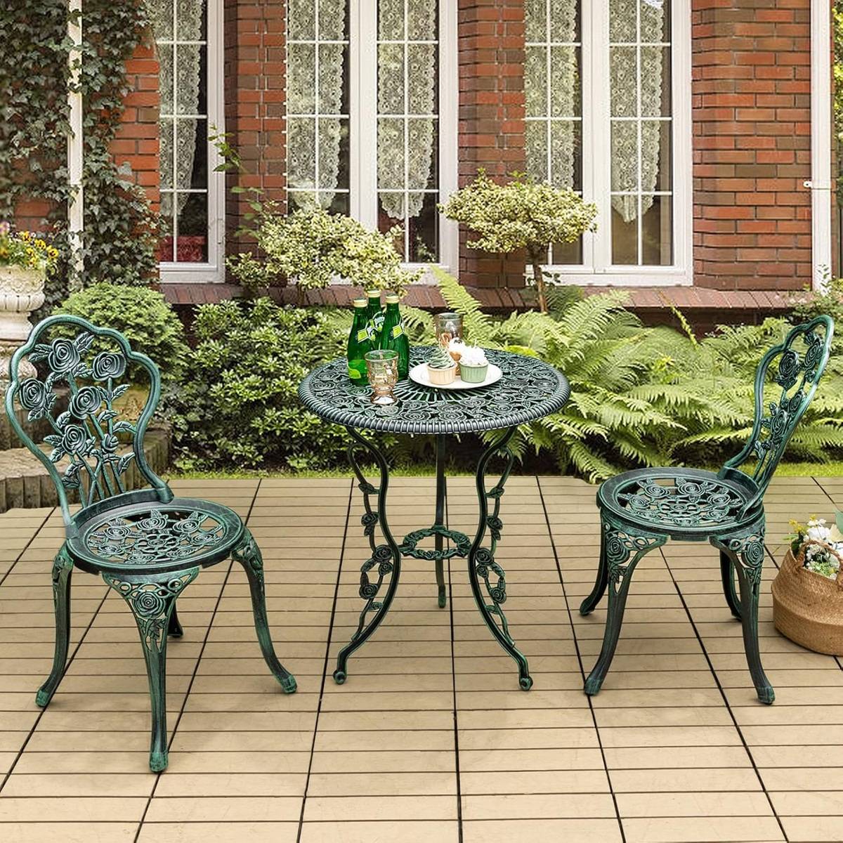 Salon de Jardin 2 Personnes en Fonte Aluminium Table de Jardin Extérieure avec 2 Chaises Trou de Parasol Motif de Rose Vert F187R - Image 2