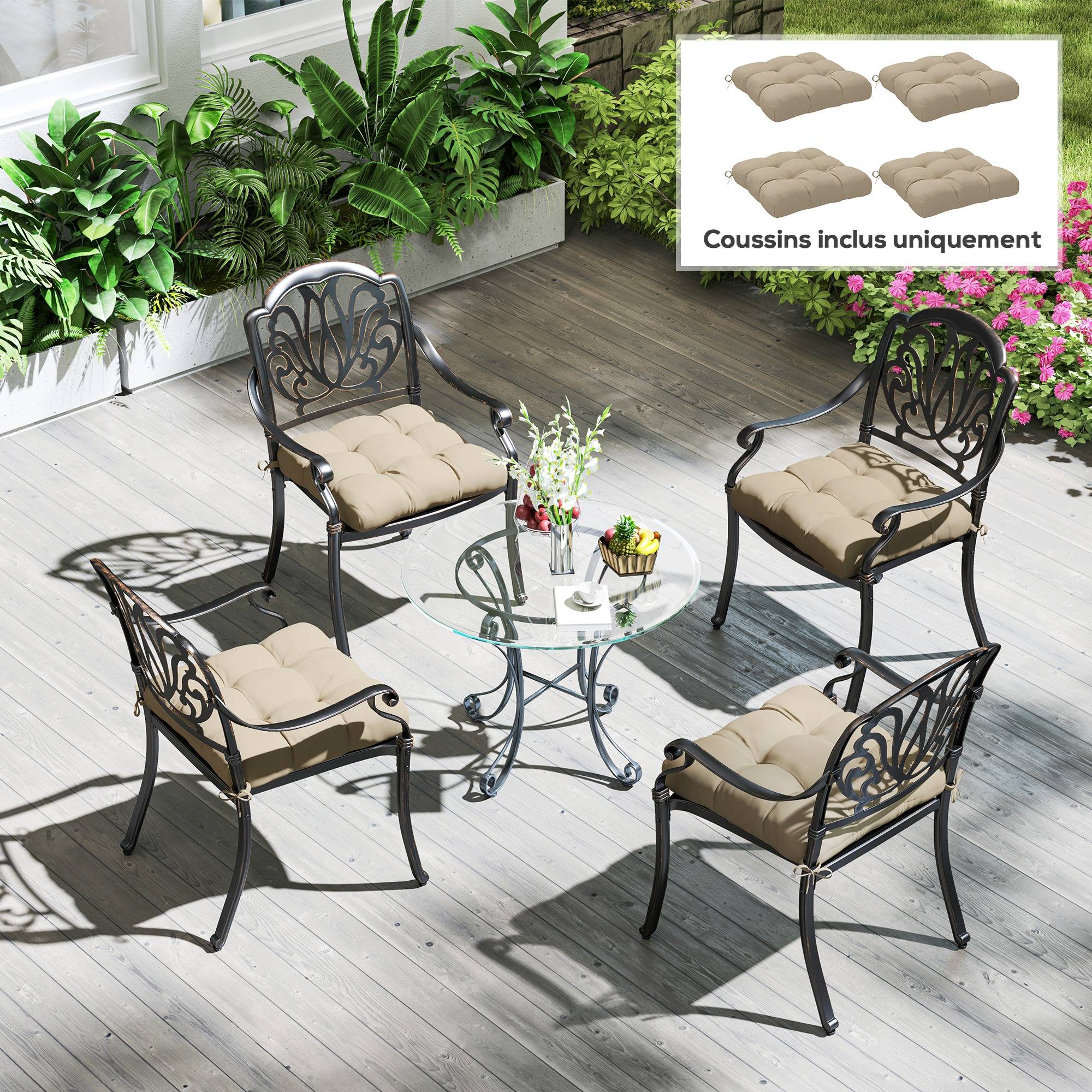 Lot de 4 coussins de chaise de jardin, coussins extérieurs capitonné, rembourrage 10 cm avec attaches, 48 x 48 cm kaki - Image 3