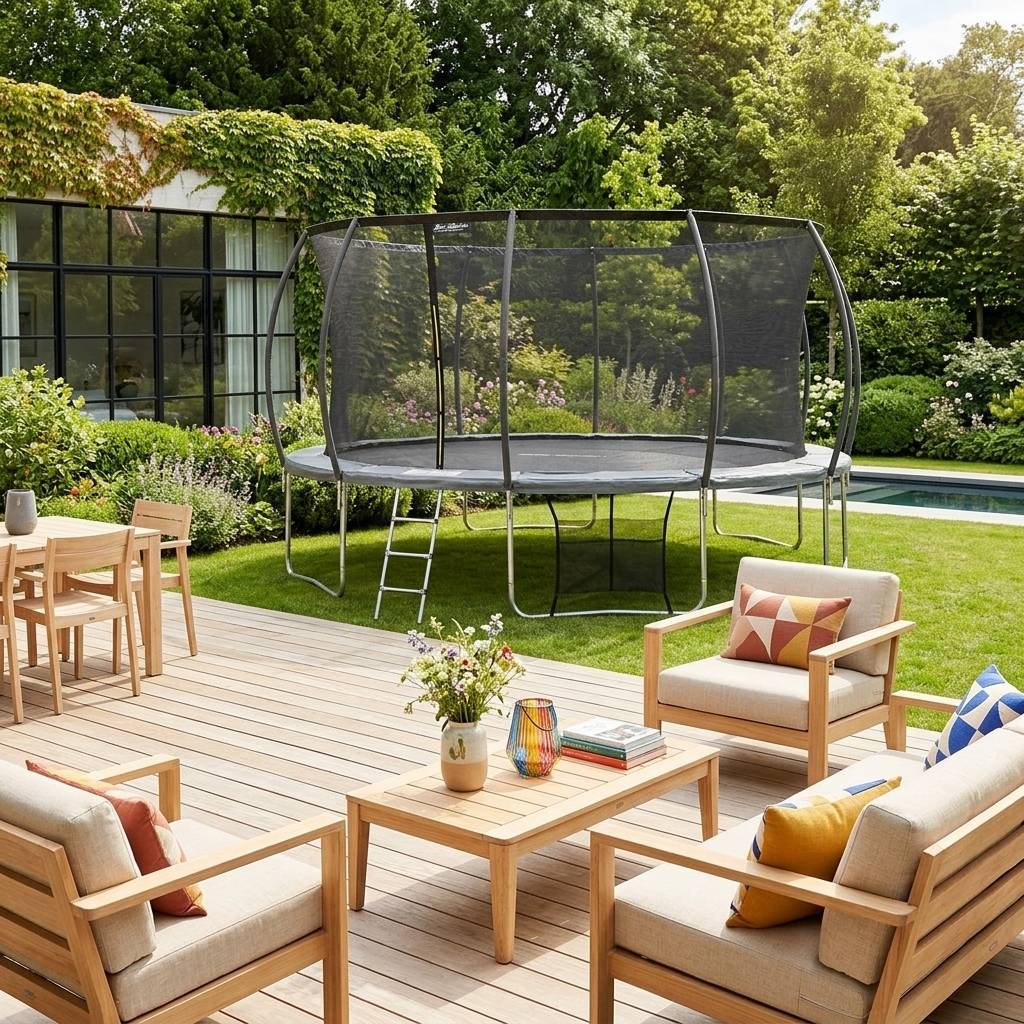 Trampoline rond Ø 490cm gris avec filet de protection intérieur ...