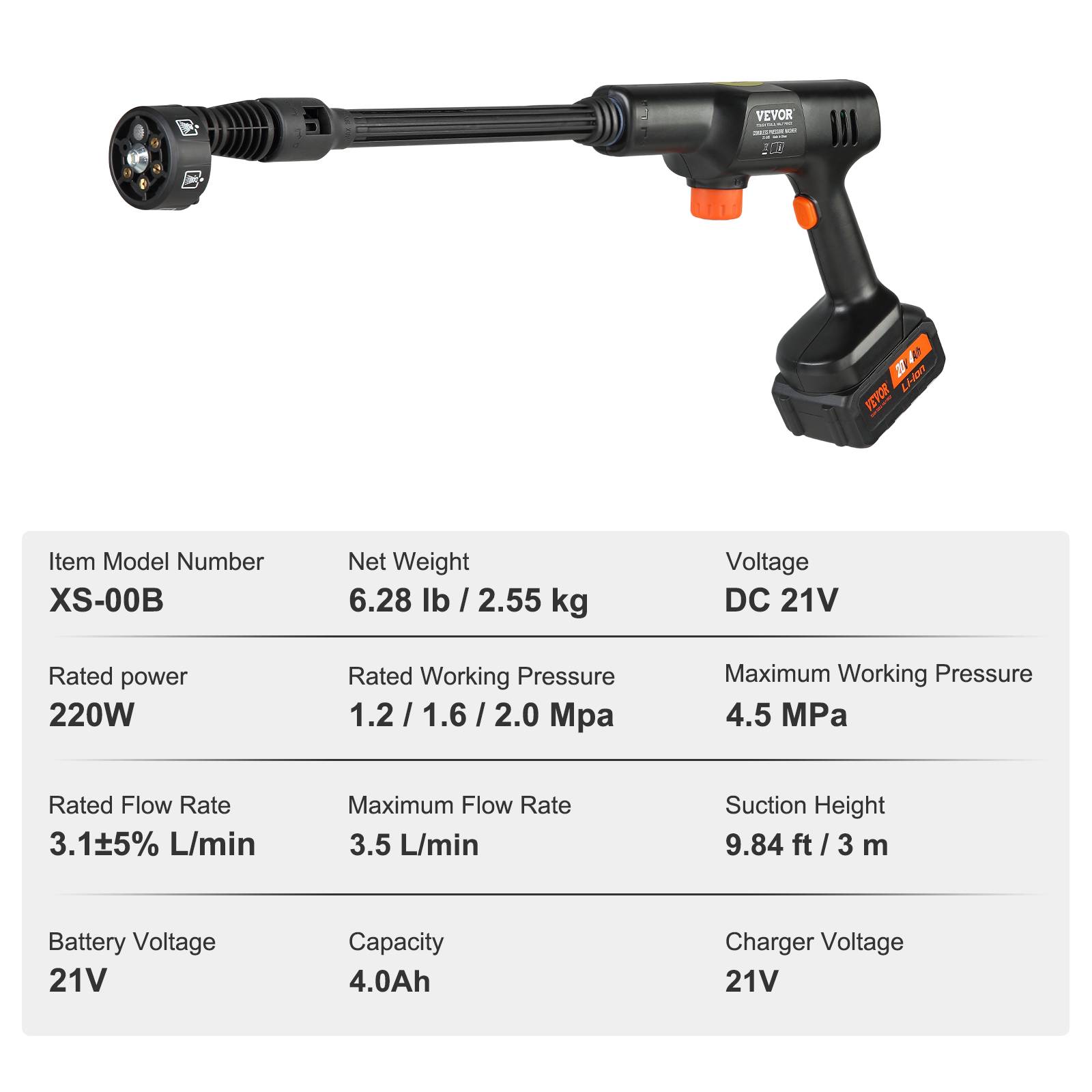 VEVOR Nettoyeur haute pression sans fil 21V, 652 PSI, 3.5 L/min, batterie 4.0Ah, pour terrasse/jardin/voiture. - Image 7