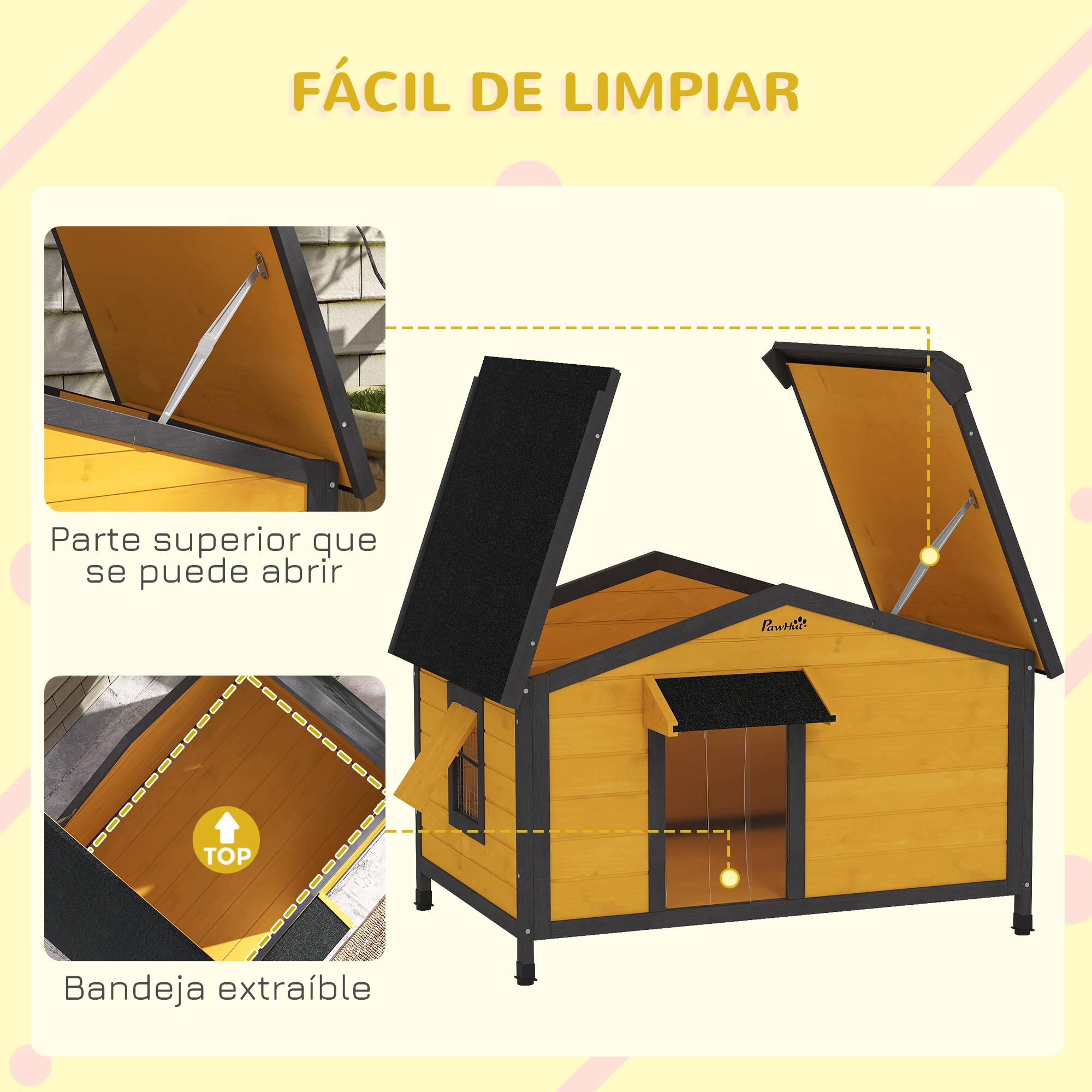 Niche extérieure pour chien, toit bitumé rabattable, fenêtres, base amovible, 97x72x65 cm, bois naturel - Image 7