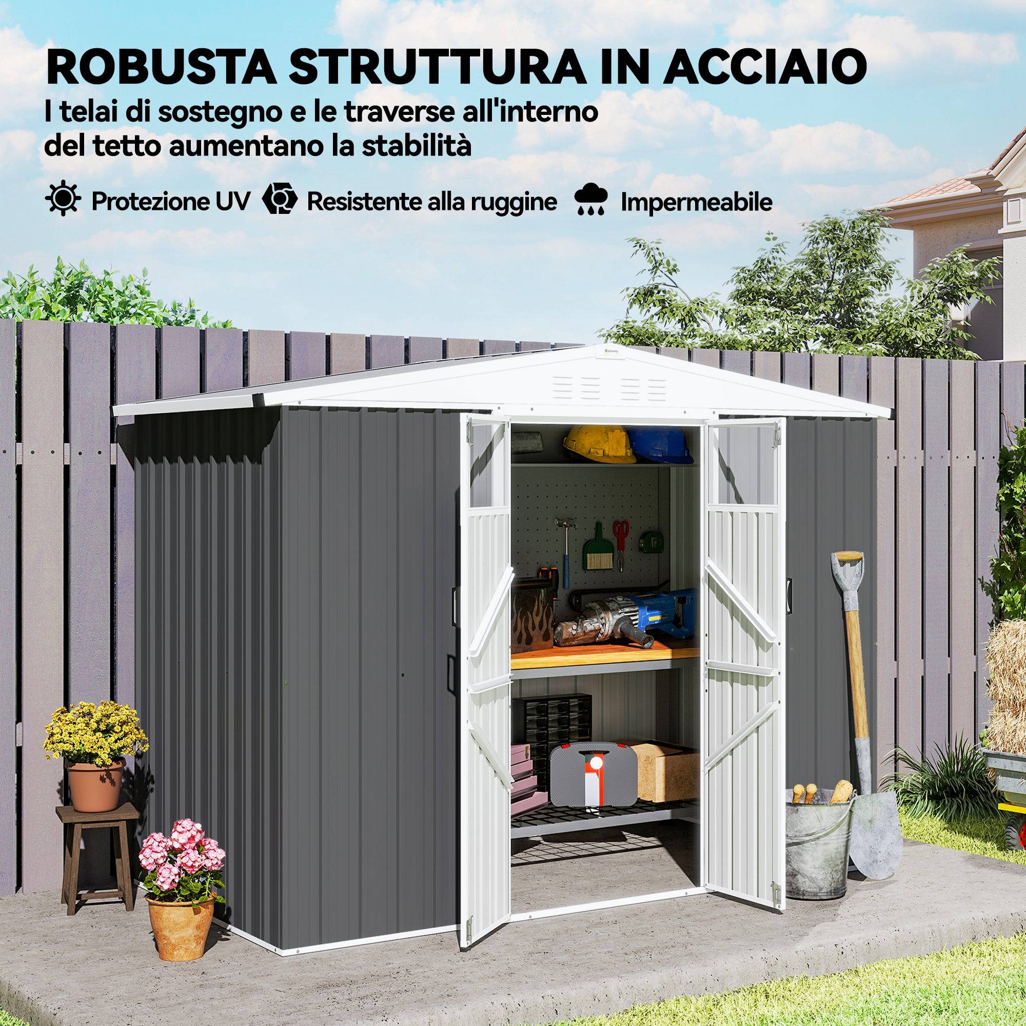 Abri de jardin acier galvanisé rangement outils double porte 246x117x180cm gris - ComfortXL Outdoor Living - Image 8