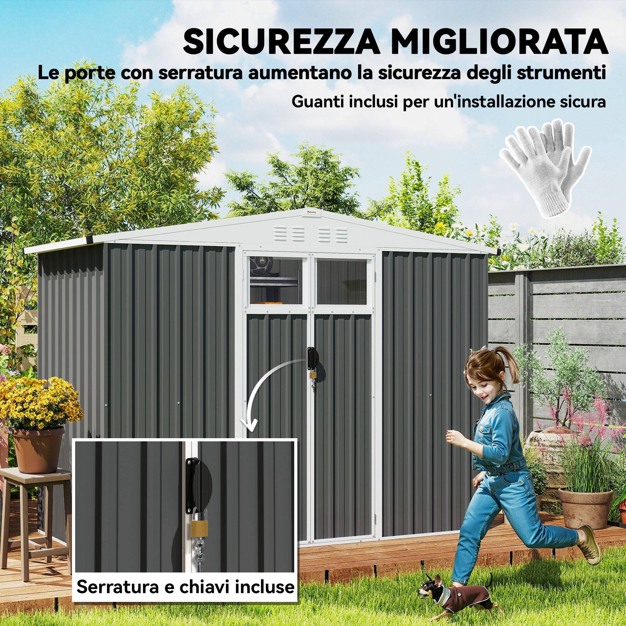 Abri de jardin acier galvanisé rangement outils double porte 246x117x180cm gris - ComfortXL Outdoor Living - Image 7