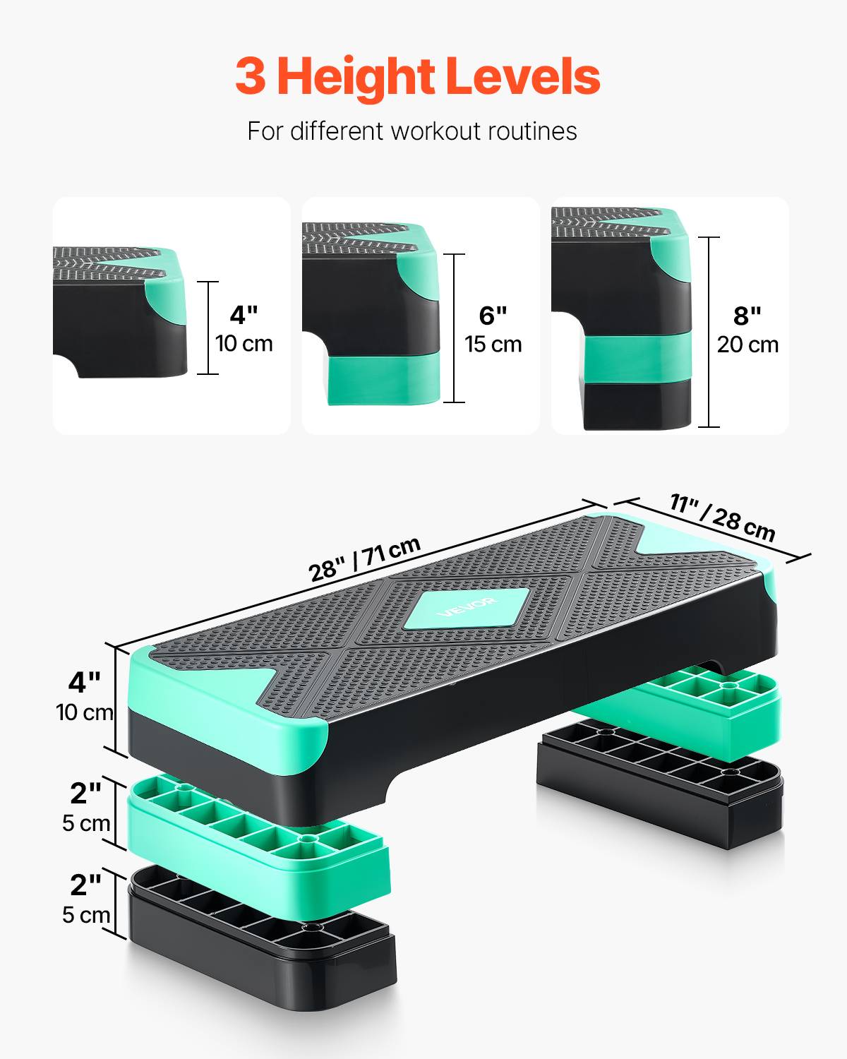 Vevor - VEVOR Stepper aérobic 71 cm, plateforme réglable 10–20 cm, antidérapante avec 4 rehausseurs, support 250 kg, compact pour domicile, vert. - Image 4