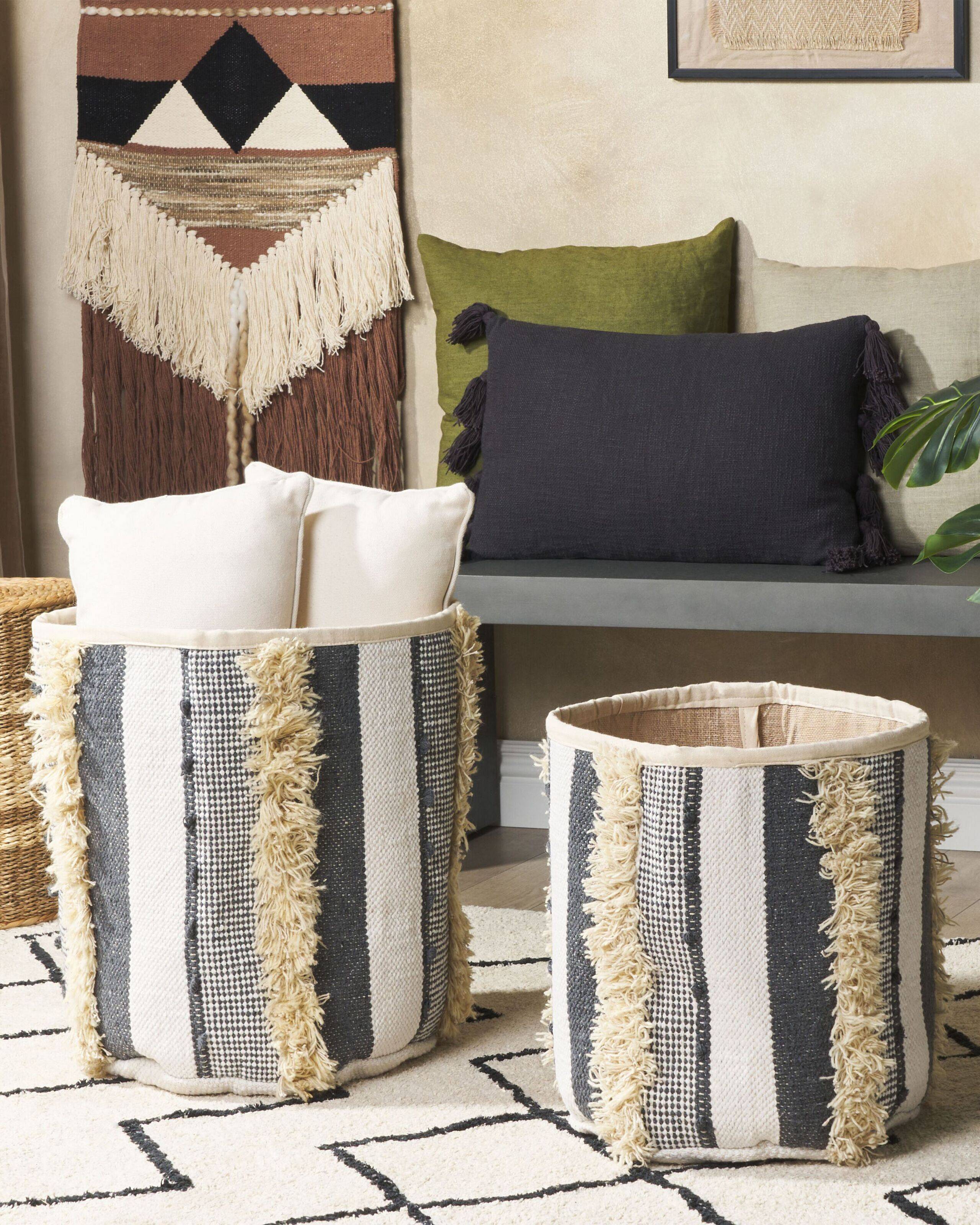 Lot de 2 Paniers de Rangement en Coton Beige et Gris 40/45 cm de Hauteur Accessoire Linge Décoration Boho - Image 2