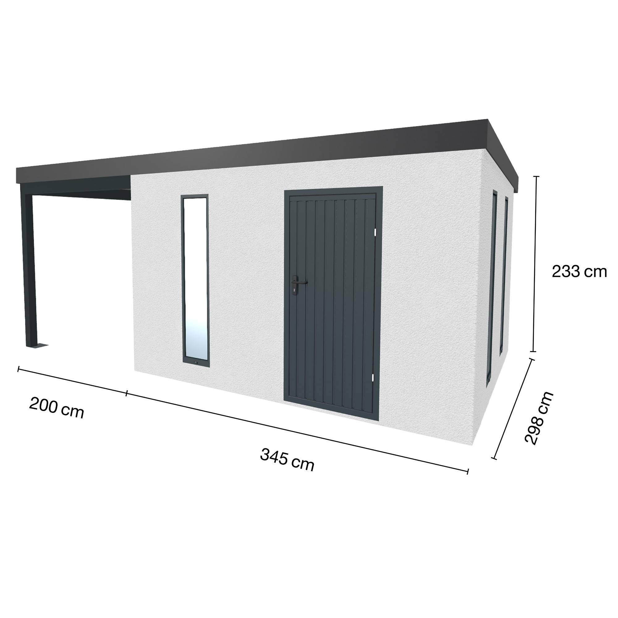 Abri de jardin en métal finition crépi 3450 x 2560 mm blanc avec auvent de 2000 x 2560 mm anthracite - Image 1