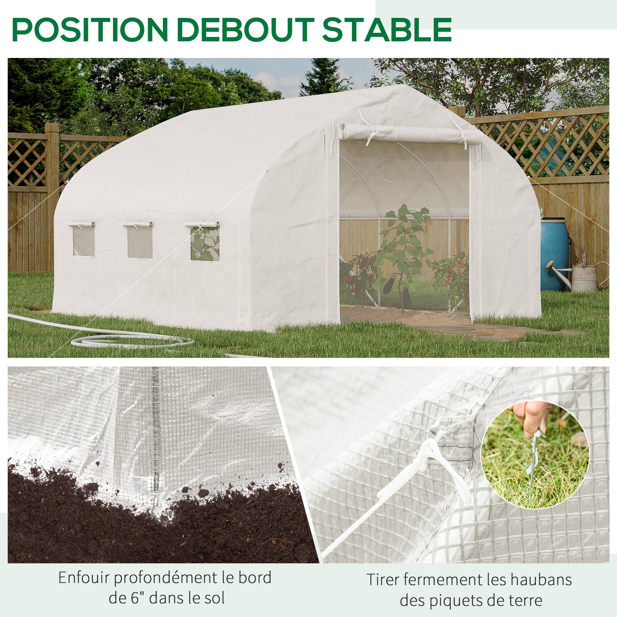Serre de jardin tunnel 10,4 m² serre de jardin anti-UV porte zippée enroulable fenêtres maille 350 x 300 x 200 cm blanc - Image 9