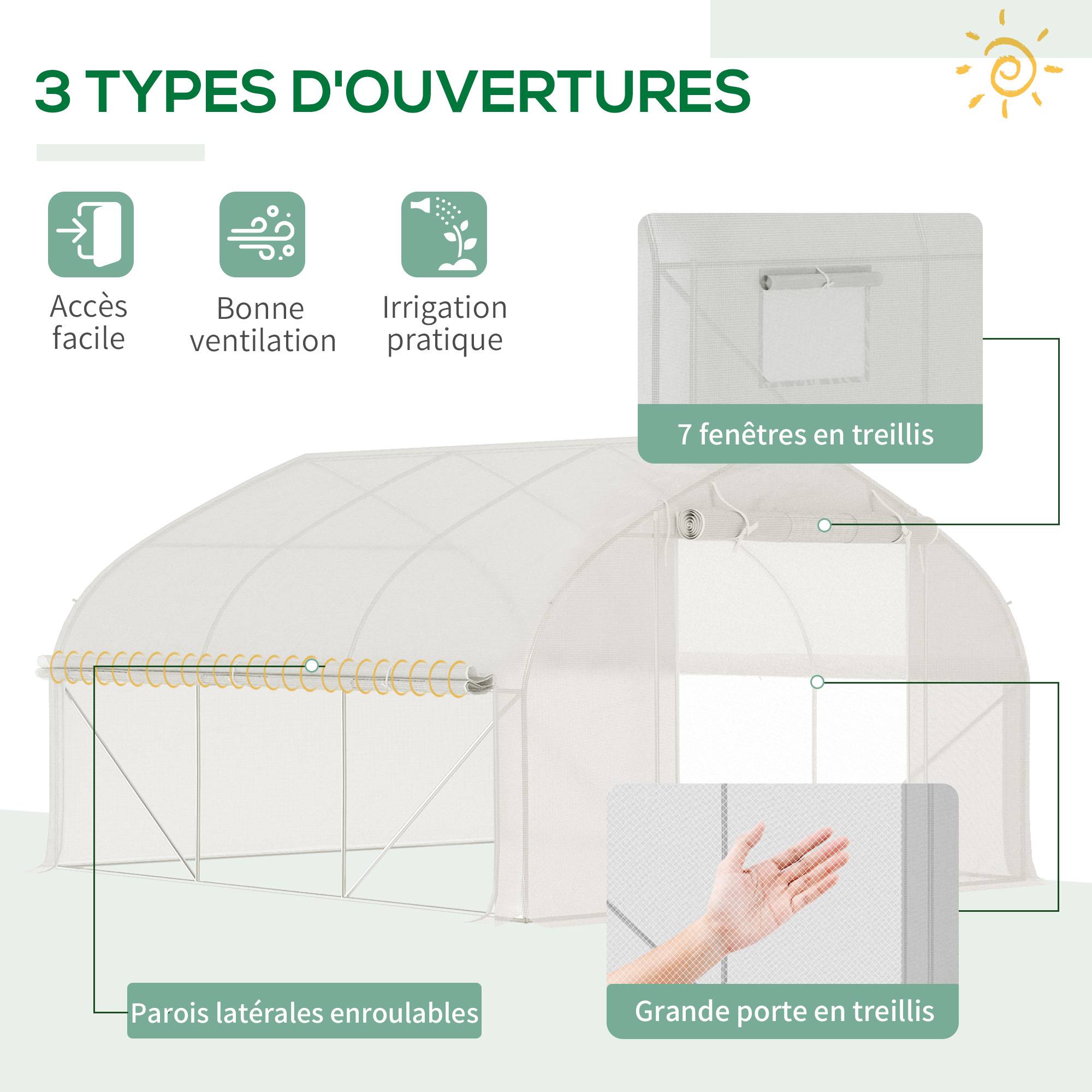 Serre de jardin tunnel 10,4 m² serre de jardin anti-UV porte zippée enroulable fenêtres maille 350 x 300 x 200 cm blanc - Image 6