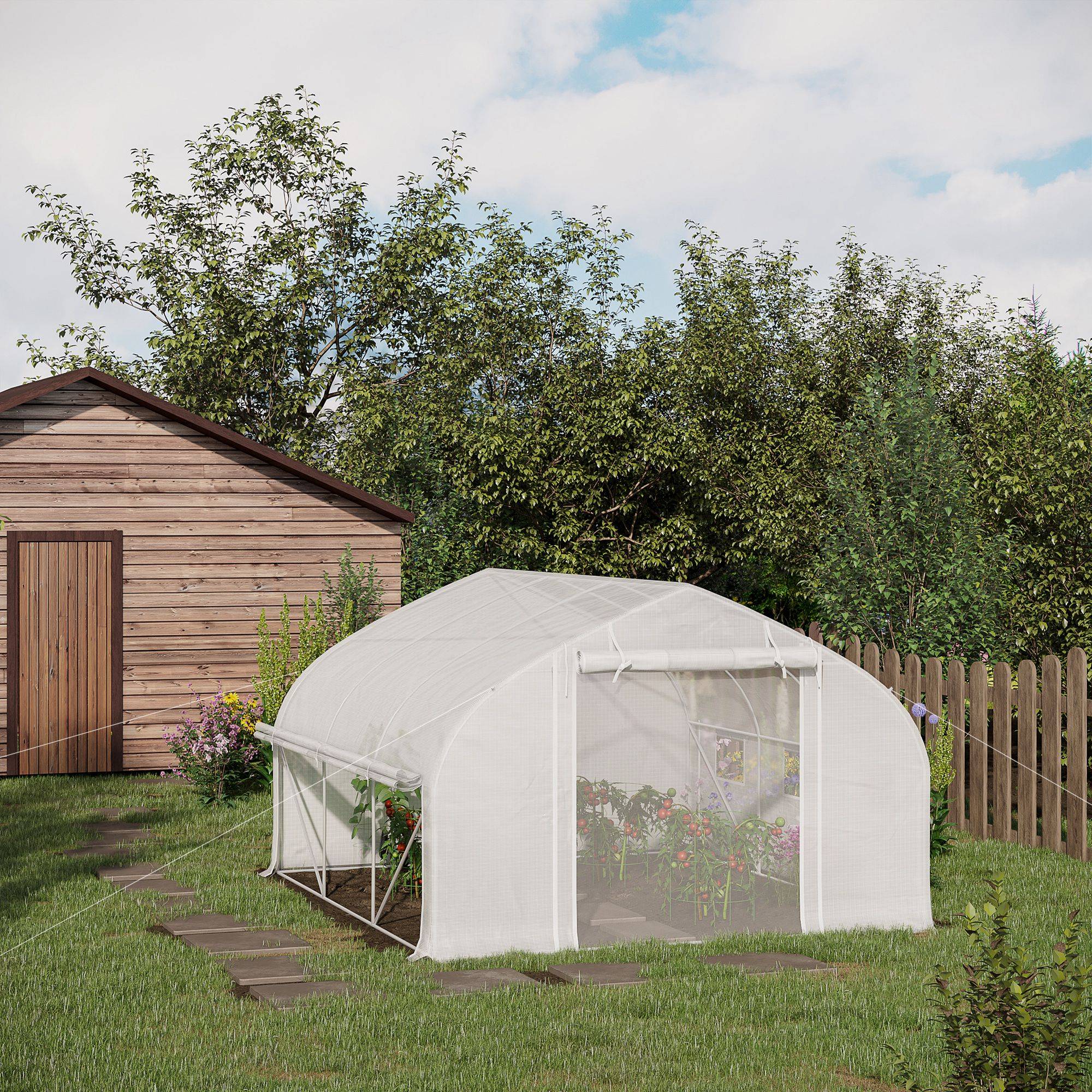 Serre de jardin tunnel 10,4 m² serre de jardin anti-UV porte zippée enroulable fenêtres maille 350 x 300 x 200 cm blanc - Image 4