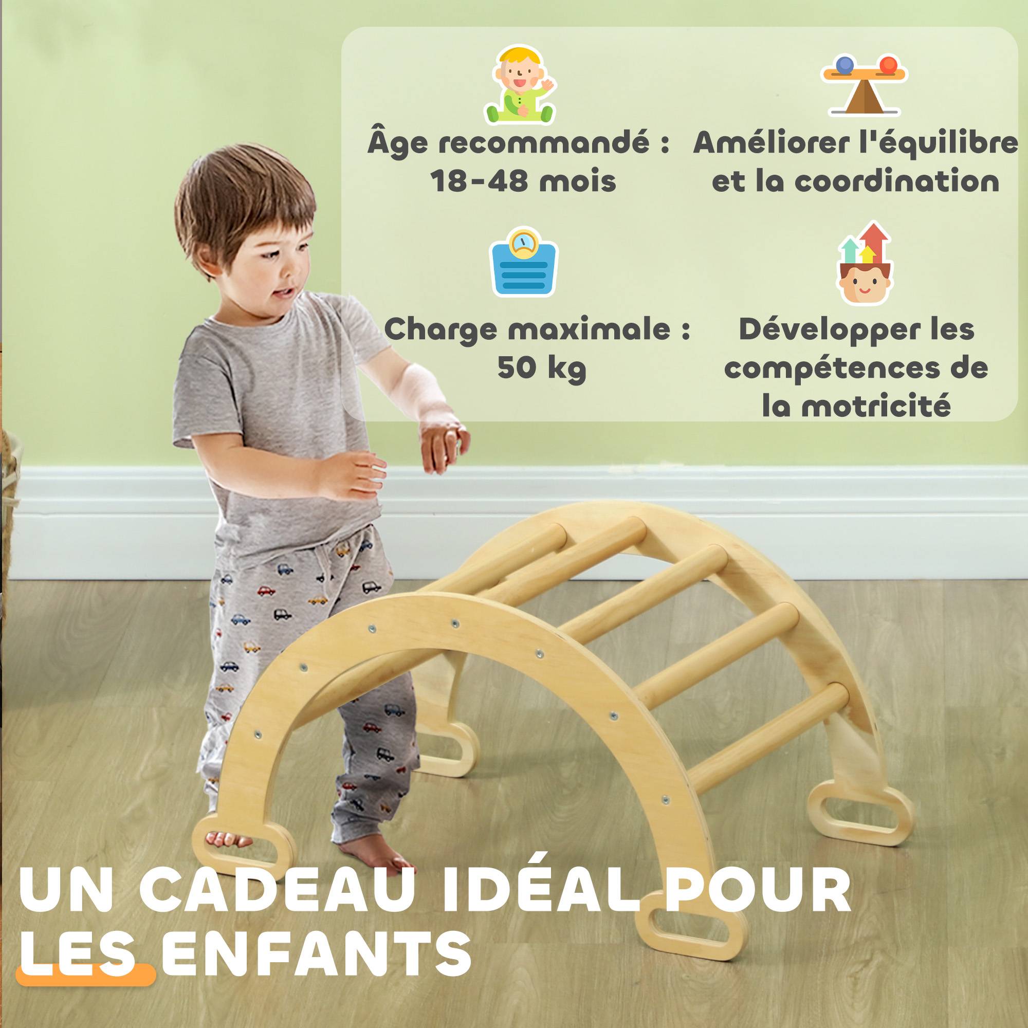 Arche escalade enfants bascule en bois d'intérieur pour garçons & filles, tout-petits de 18 à 48 mois, bois naturel - Image 9