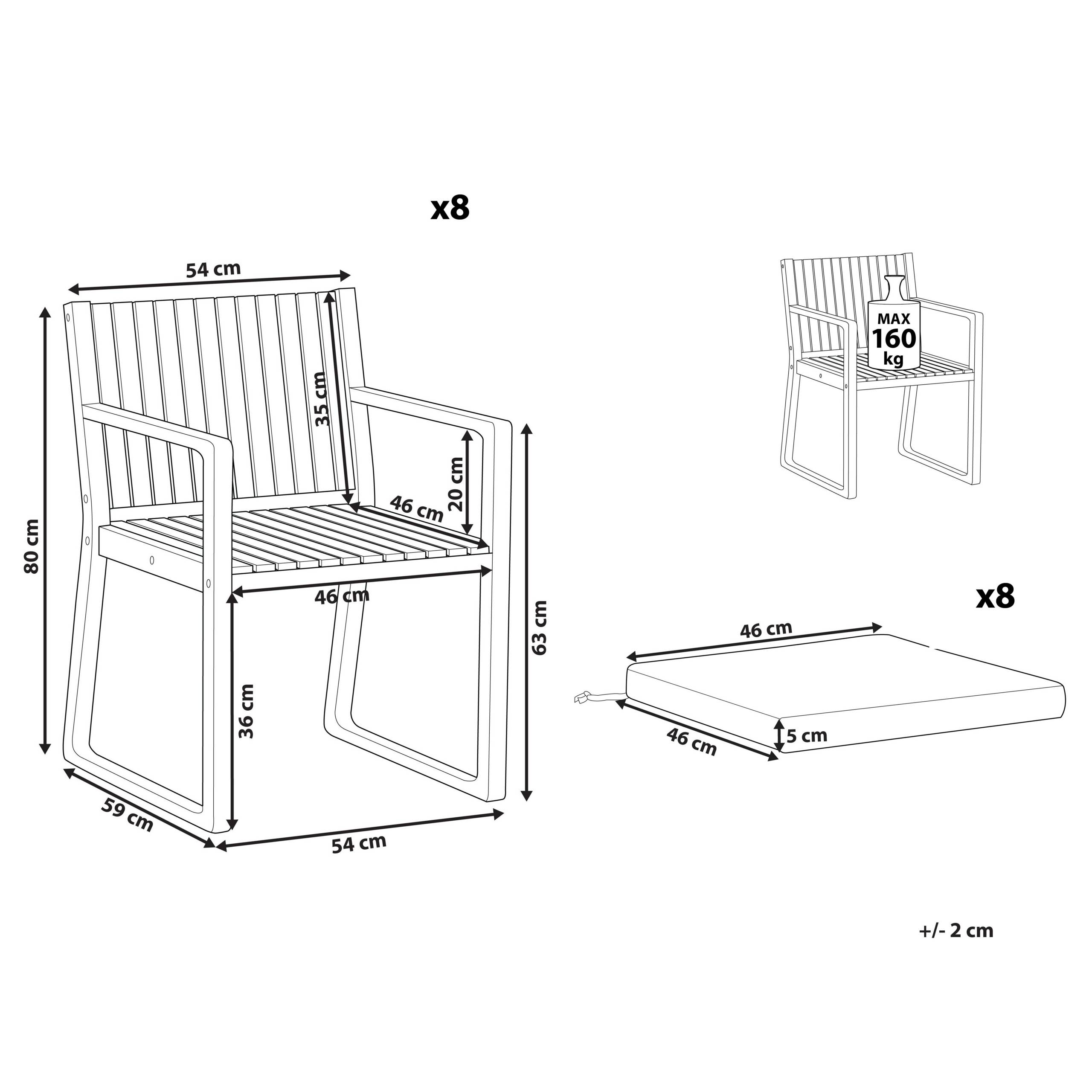 Beliani - Set 8 Chaises de Salle à Manger Extérieur en Bois d'Acacia Foncé avec Coussins Gris Jardin Rustique - Image 3