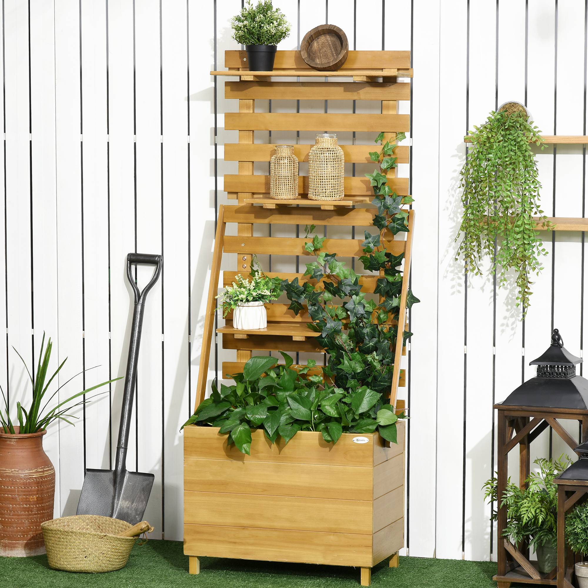 Carré potager bois massif terrasse avec treillis et étagères marron - ComfortXL Outdoor Living - Image 3