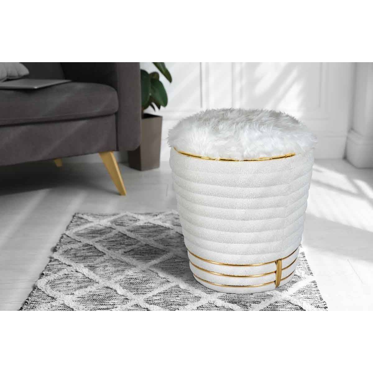 Tabouret Déco en Tissu "Doric" 50cm Blanc & Or - Image 5