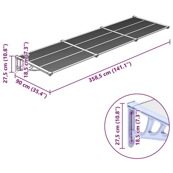 Très Grande Marquise d'Entrée en Polycarbonate Transparent et Supports Gris Anti-Pluie 358.5x90 cm – ComfortXL Outdoor Living - Image 6