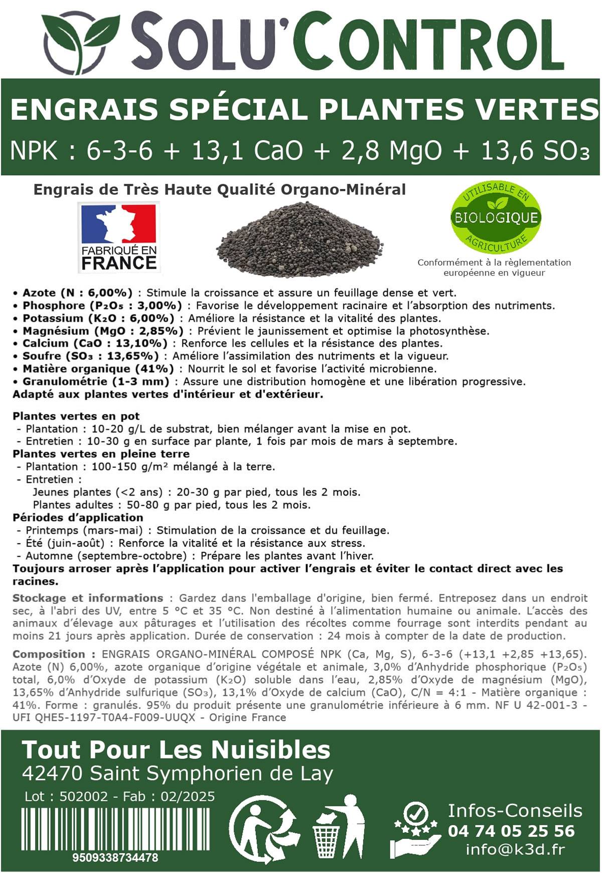 SOLU’CONTROL - 500 g Engrais Spécial Plantes Vertes 6-3-6 - Croissance, Feuillage Dense & Vitalité - Formulation Organo-Minerale - Image 3