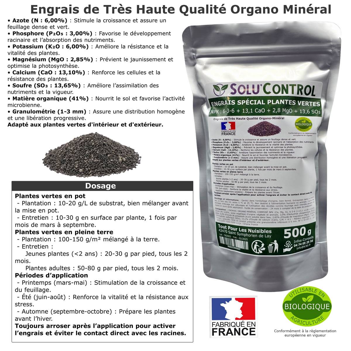 SOLU’CONTROL - 500 g Engrais Spécial Plantes Vertes 6-3-6 - Croissance, Feuillage Dense & Vitalité - Formulation Organo-Minerale - Image 2