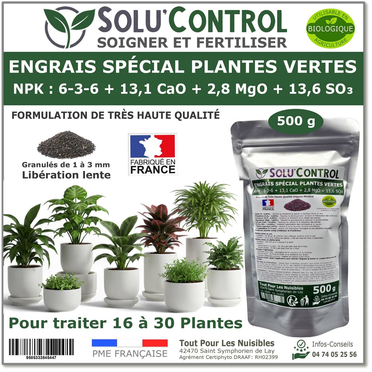 SOLU’CONTROL - 500 g Engrais Spécial Plantes Vertes 6-3-6 - Croissance, Feuillage Dense & Vitalité - Formulation Organo-Minerale - Image 1