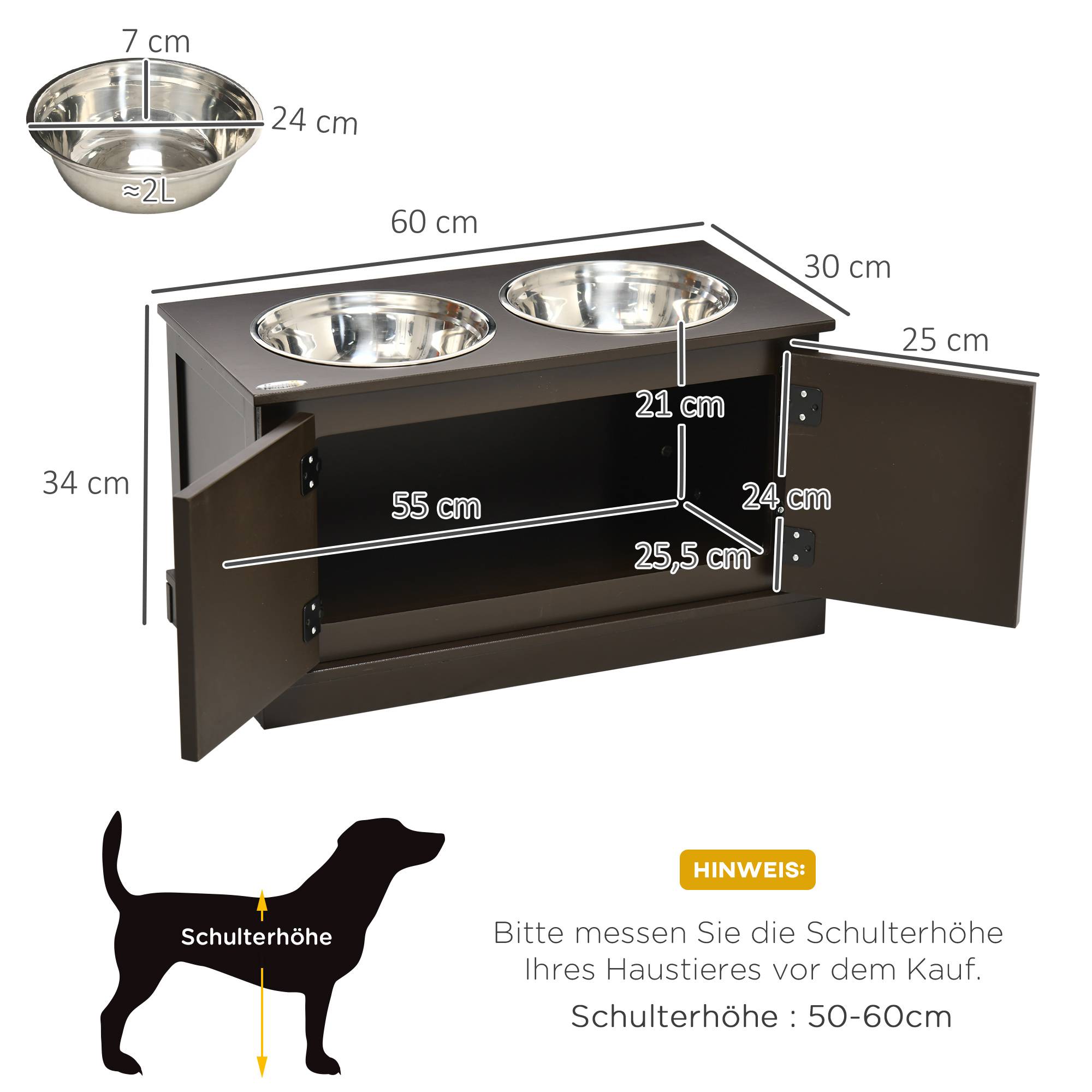 Support de gamelles bois et inox marron et argenté 60 x 30 x 34 cm - PANGIVO - Image 5