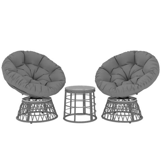 Outsunny - Ensemble salon de jardin 3 pièces 2 fauteuils papasan pivotant, 1 table basse ronde Ø80cm avec 2 coussins polyester résine tressée gris - Outsunny - Image 1