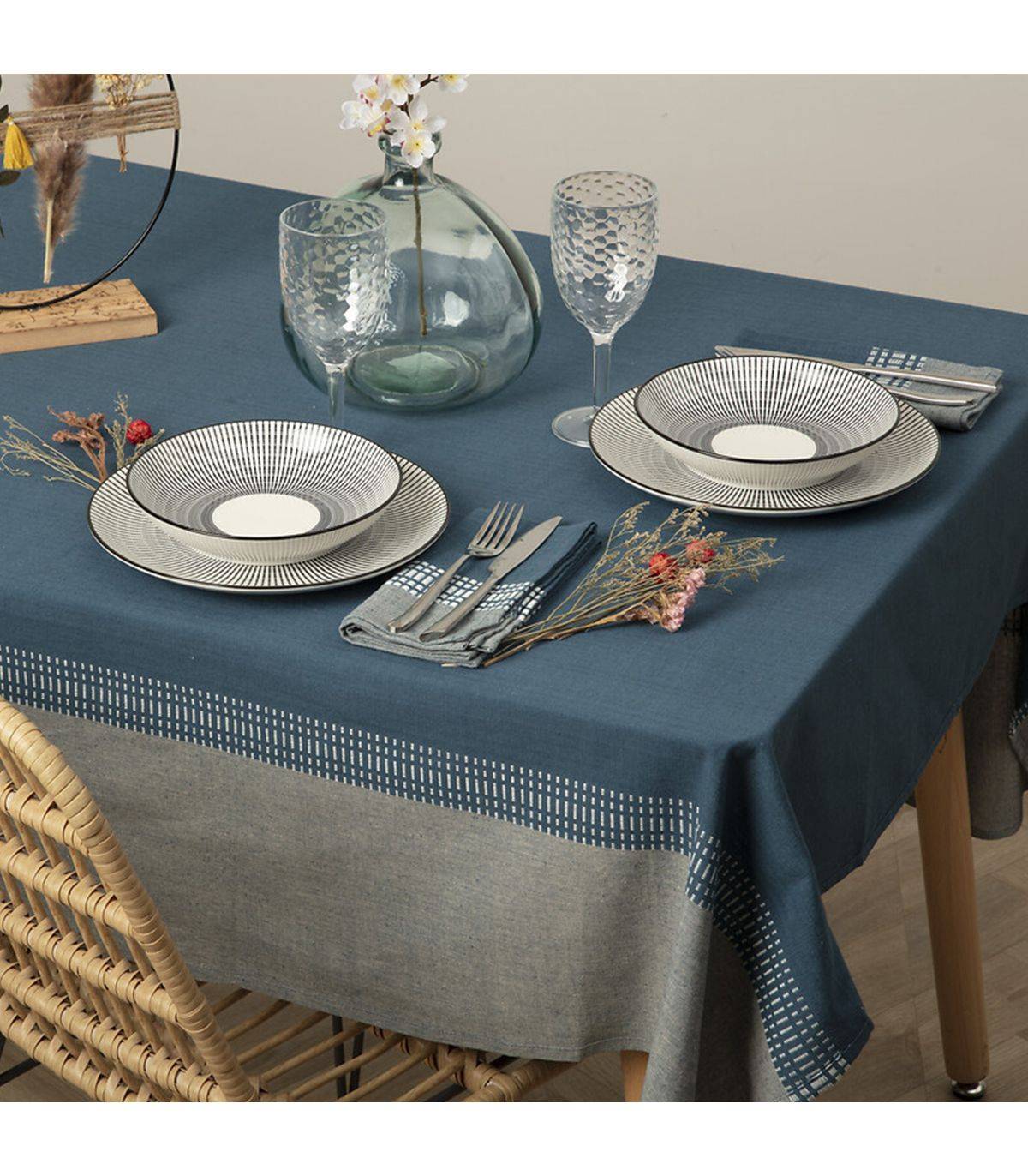 Nappe en coton bicolore Bleu canard et Gris 150 x 250 cm - Image 3