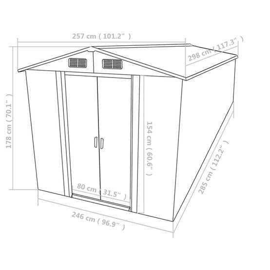 Abri de jardin cabane cabanon maison de stockage remise extérieur hangar outils robuste 257 x 298 x 178 cm métal gris - Image 8