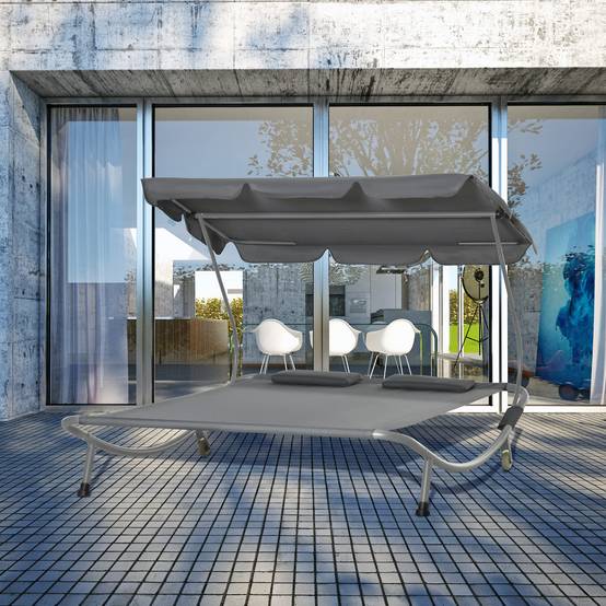 Bain de soleil double acier tissu Oxford pour plein air avec toit pare-soleil 200x175cm gris - ComfortXL Outdoor Living - Image 3