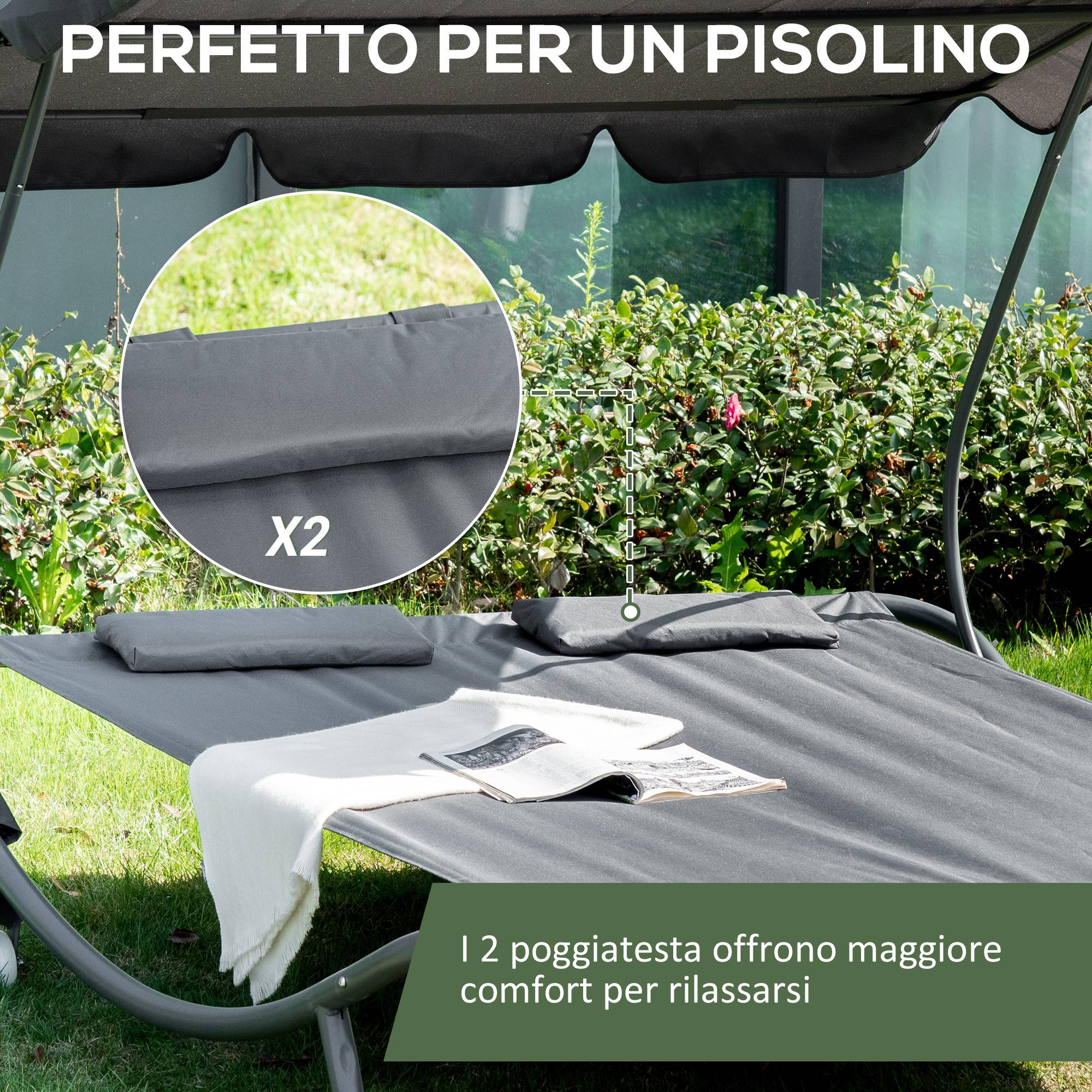 Bain de soleil double acier tissu Oxford pour plein air avec toit pare-soleil 200x175cm gris - ComfortXL Outdoor Living - Image 7