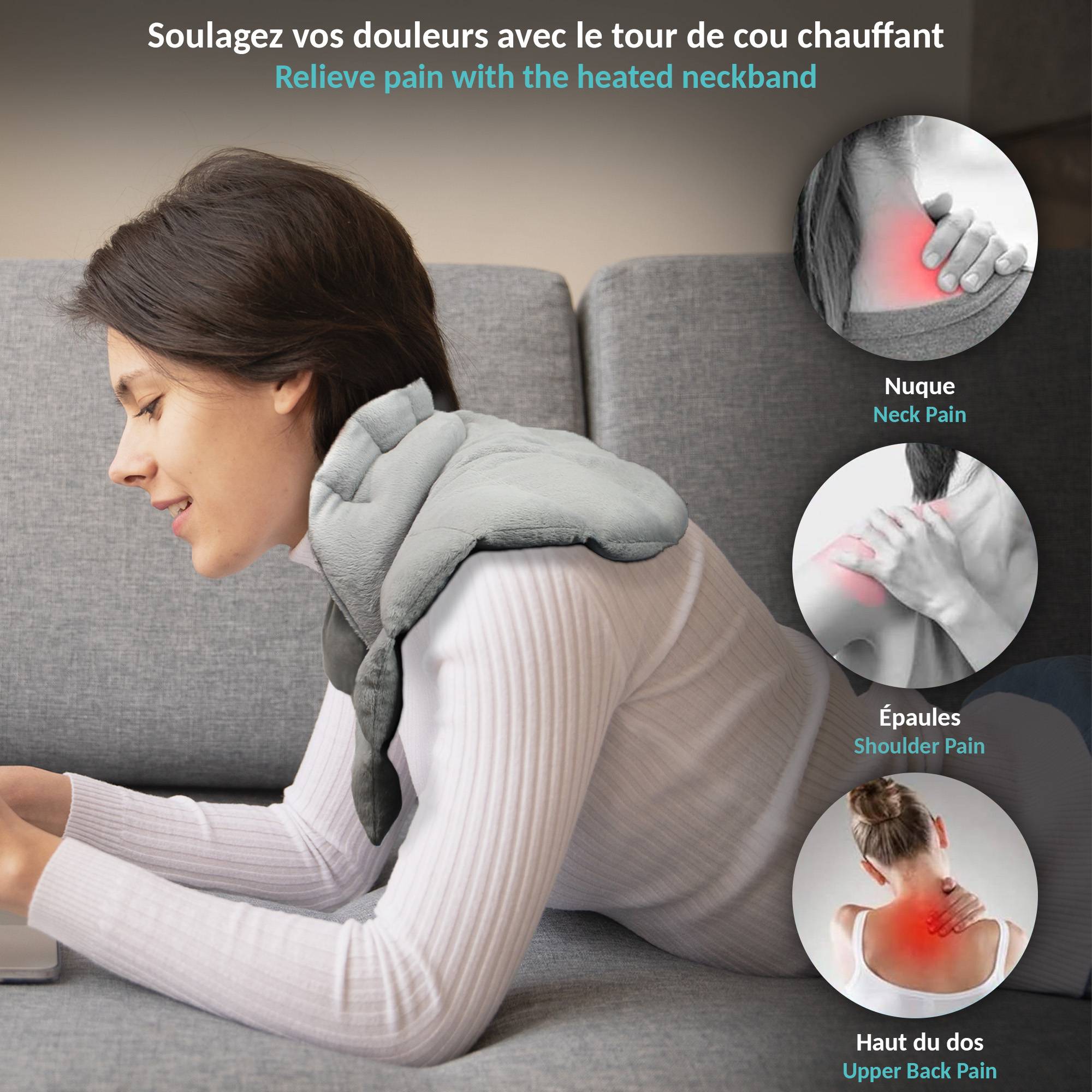 Fishtec - Coussin chauffant cervicales FISHTEC micro-ondes, modèle couvre-épaules, garnissage riz et lavande, conçu pour soulager les tensions du cou - Image 6