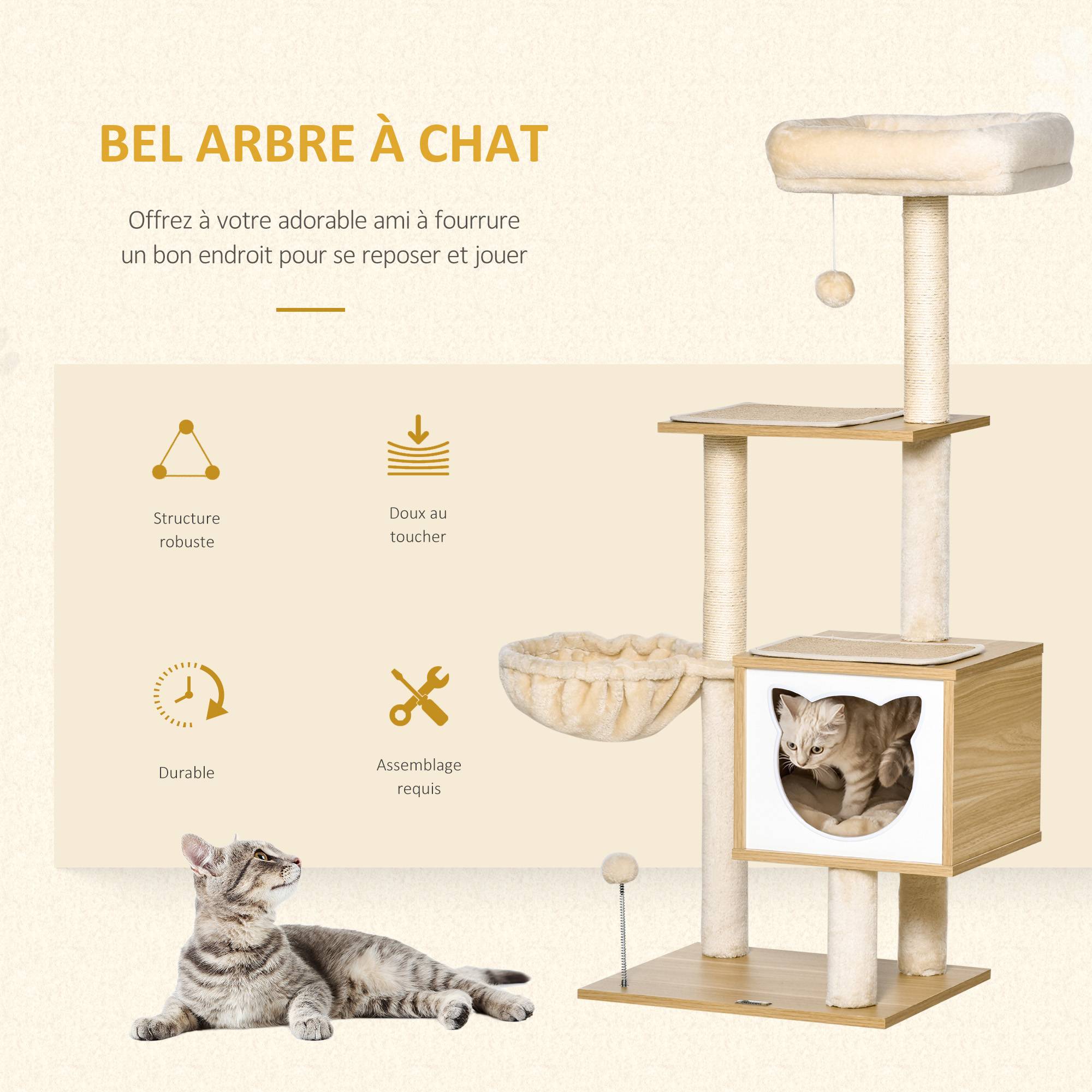 Sans Marque - Arbre à chat multifonction grotte hamac panier coussins amovibles 126 cm beige - Image 6