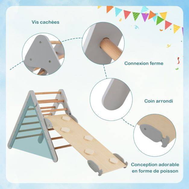 Helloshop26 - 3 en 1 triangle d'escalade enfant en bois rampe double face à angle réglable pour grimper et glisser gris - Image 2
