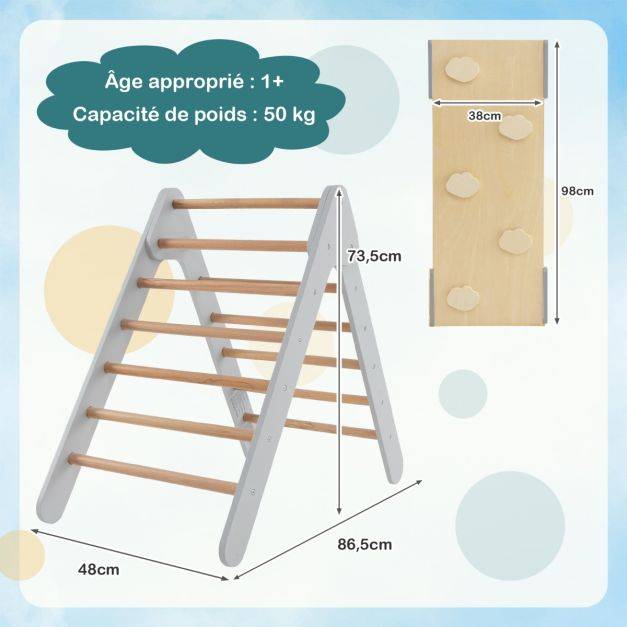 Helloshop26 - 3 en 1 triangle d'escalade enfant en bois rampe double face à angle réglable pour grimper et glisser gris - Image 3