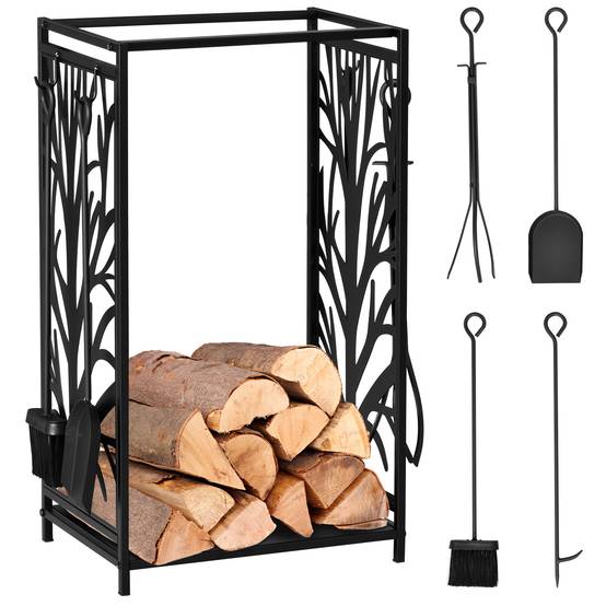 Porte-bûches en acier inoxydable, pour cheminée intérieure et extérieure, design élégant et 4 outils inclus, 46 x 30 x 70 cm, noir - Image 1