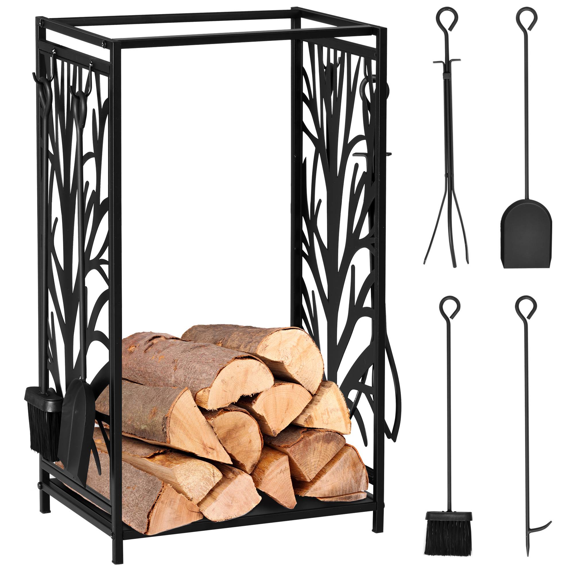 Porte-bûches en acier inoxydable, pour cheminée intérieure et extérieure, design élégant et 4 outils inclus, 46 x 30 x 70 cm, noir - Image 1
