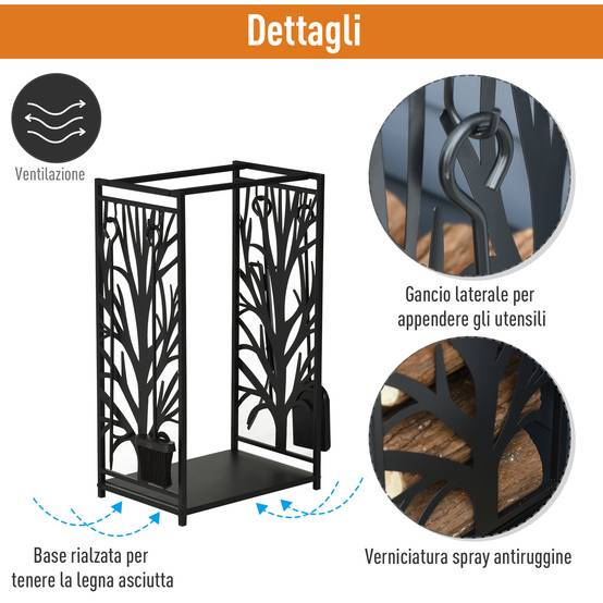 Porte-bûches en acier inoxydable, pour cheminée intérieure et extérieure, design élégant et 4 outils inclus, 46 x 30 x 70 cm, noir - Image 8
