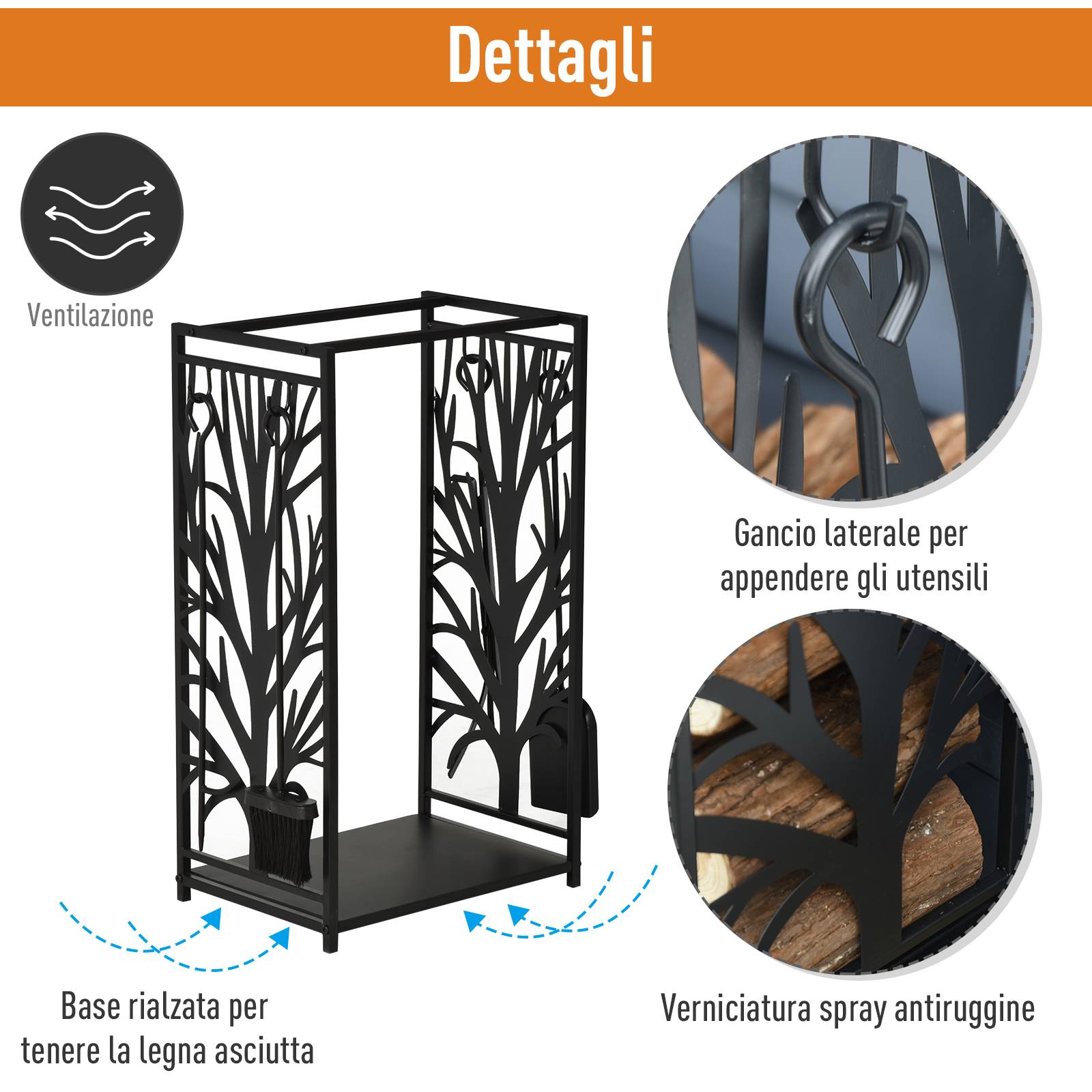 Porte-bûches en acier inoxydable, pour cheminée intérieure et extérieure, design élégant et 4 outils inclus, 46 x 30 x 70 cm, noir - Image 8