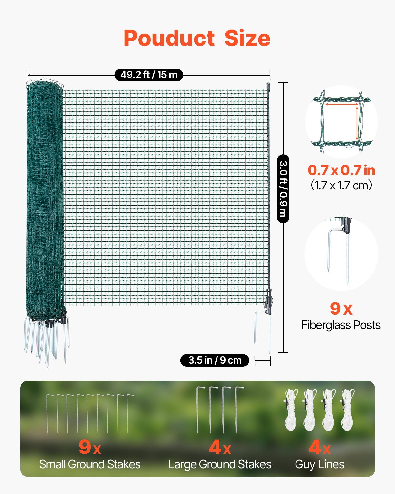 Vevor - VEVOR Clôture filet mobile 15x0,9 m, filet PE résistant UV, 9 poteaux en fibre de verre - Image 2