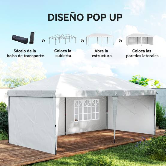 Tente pliante 6 x 3 m avec 4 côtés détachables, tonnelle de jardin avec 2 fenêtres et sac de transport, blanche - Image 6