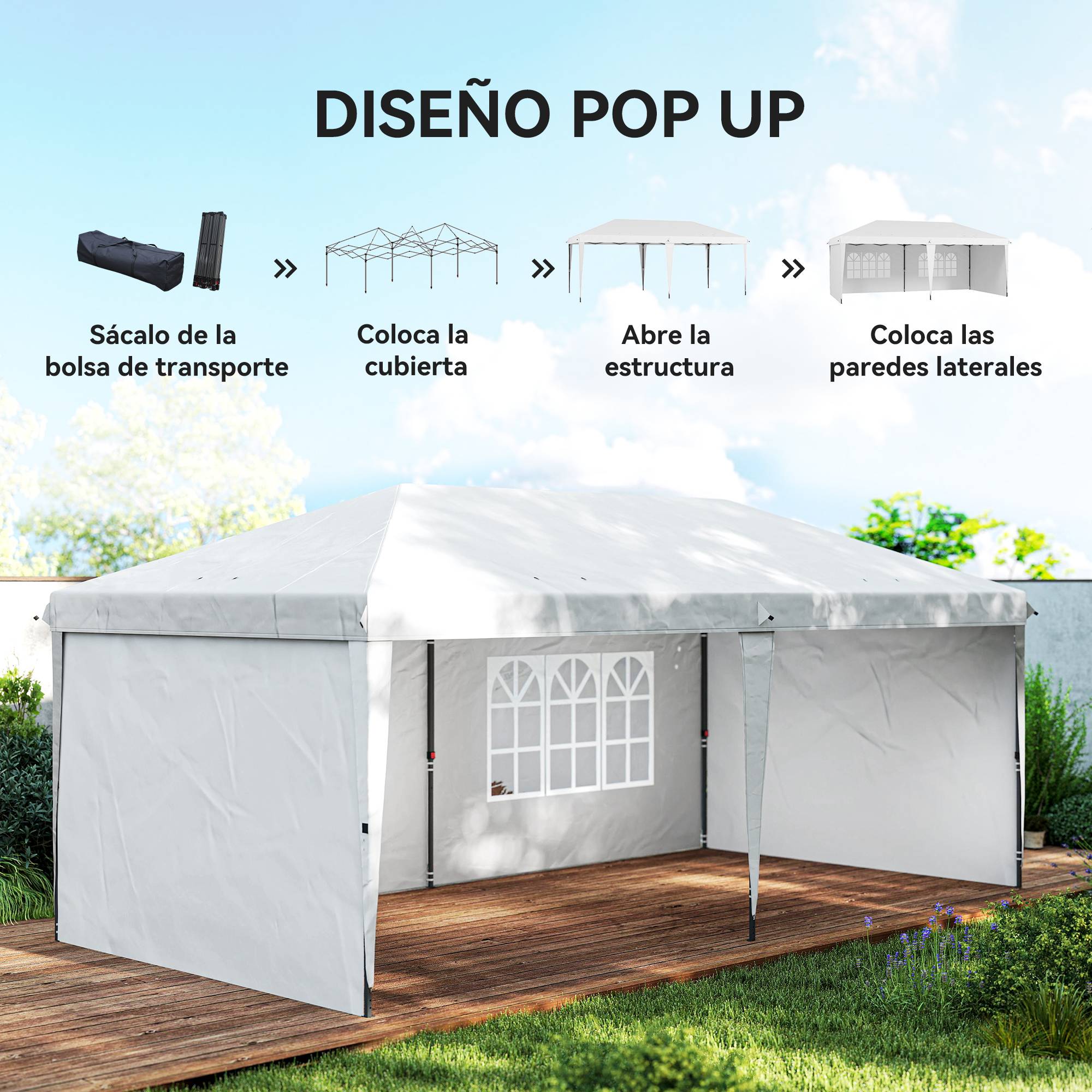 Tente pliante 6 x 3 m avec 4 côtés détachables, tonnelle de jardin avec 2 fenêtres et sac de transport, blanche - Image 6