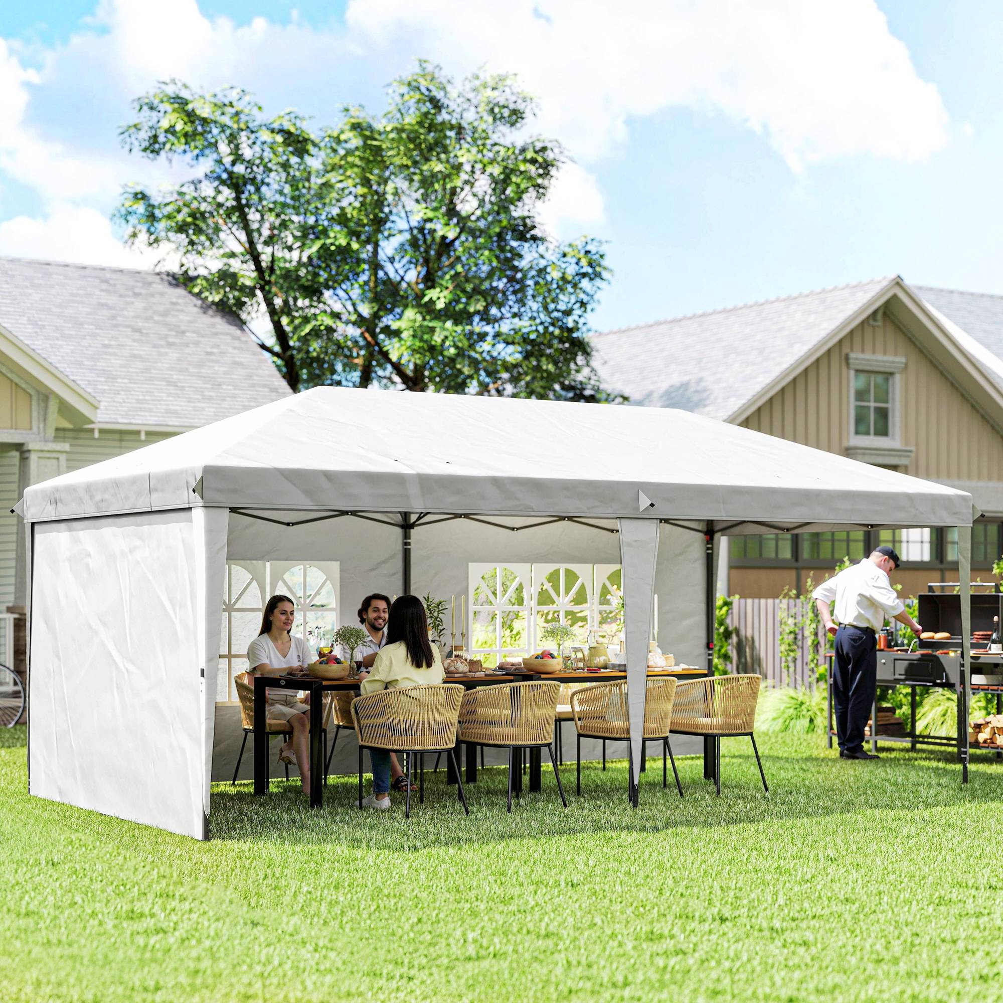 Tente pliante 6 x 3 m avec 4 côtés détachables, tonnelle de jardin avec 2 fenêtres et sac de transport, blanche - Image 3